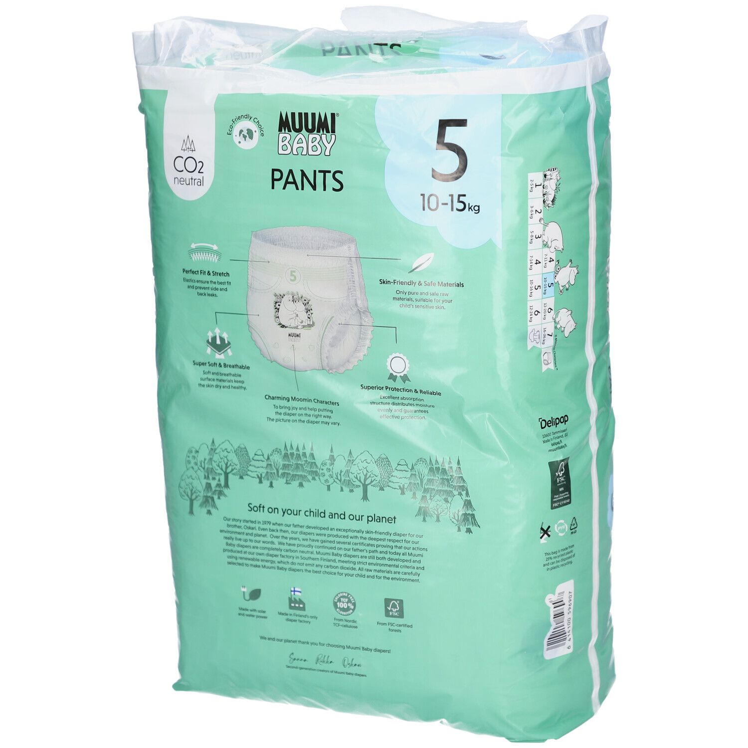 Paquet vert de couches-culottes Muumi Baby. Taille 5, 10-15 kg. Illustration Moomin. Mention CO2 neutre. Caractéristiques.