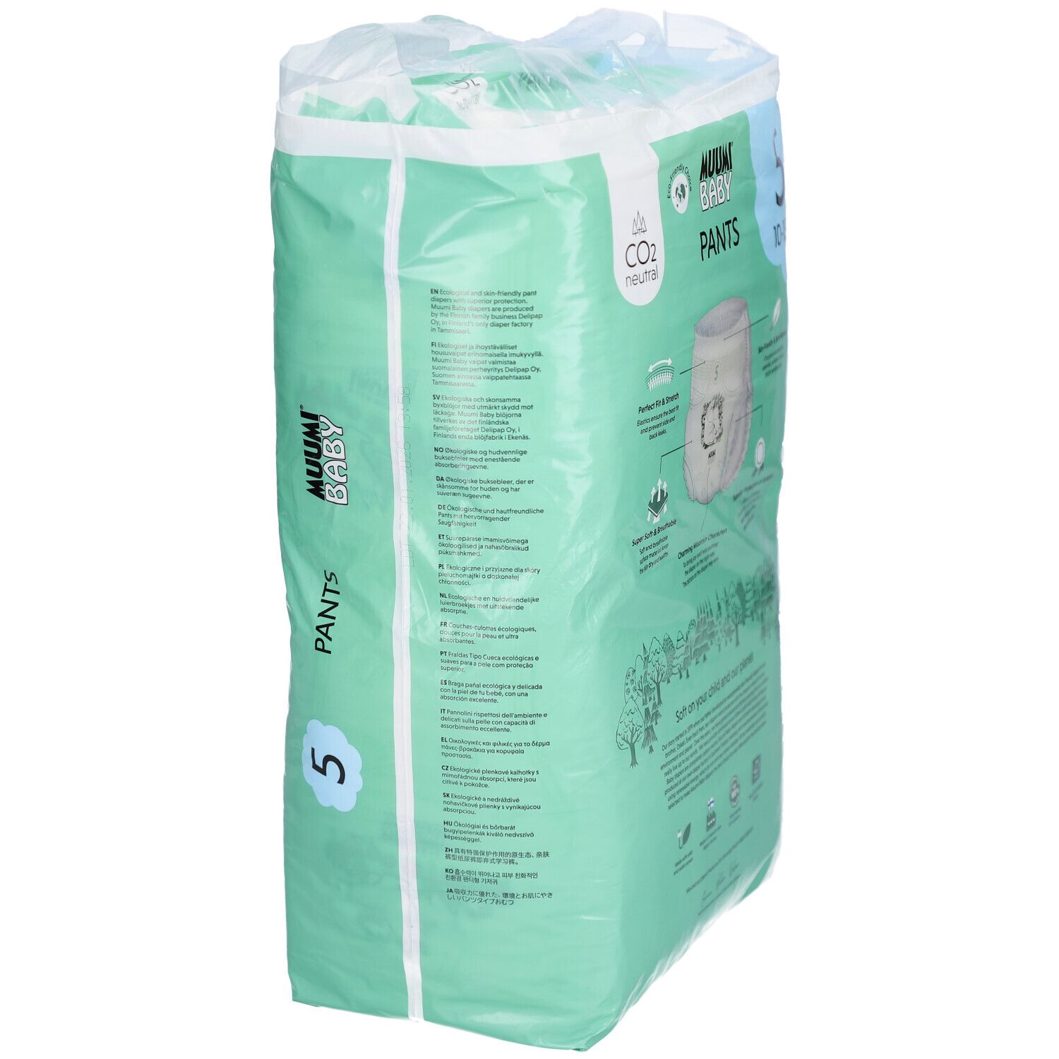 Paquet vert de couches-culottes Muumi Baby. Taille 5, 10-15 kg. Illustration Moomin. Mention CO2 neutre. Vue latérale.