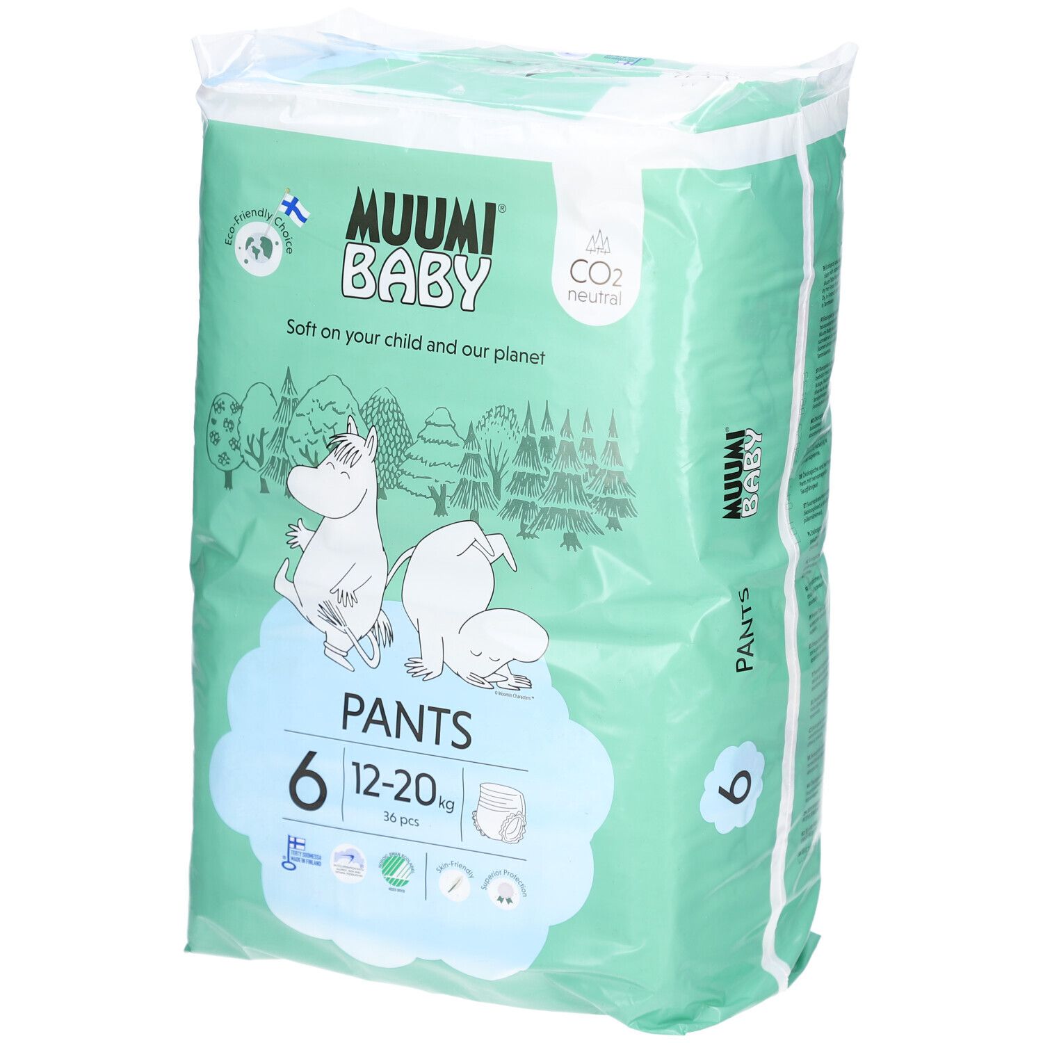 Paquet de couches-culottes Muumi Baby Pants, taille 6 (12-20 kg). Emballage vert menthe avec illustrations et informations.