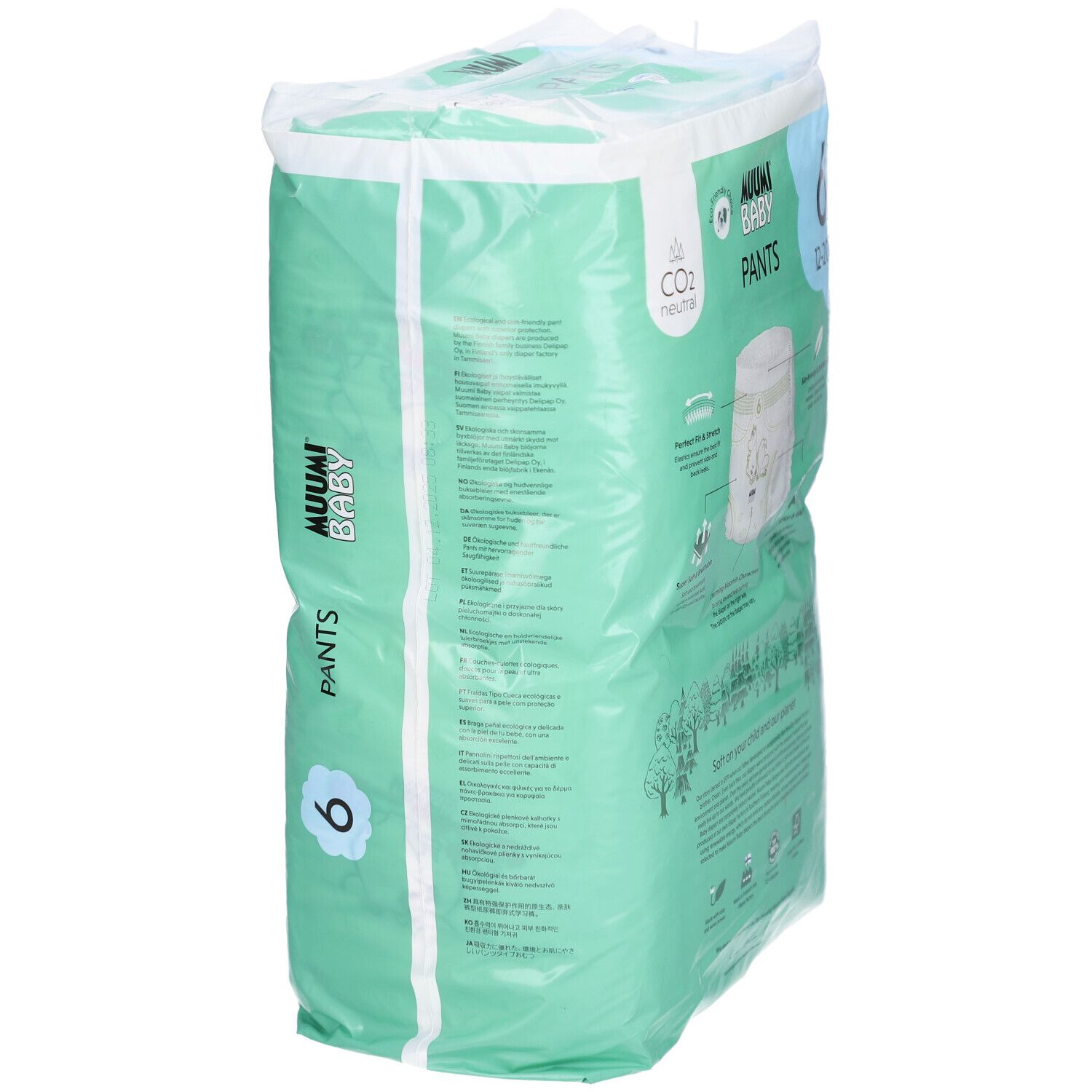 Vue latérale du paquet de Muumi Baby Pants, taille 6 (12-20 kg). Vert menthe avec informations et logos.