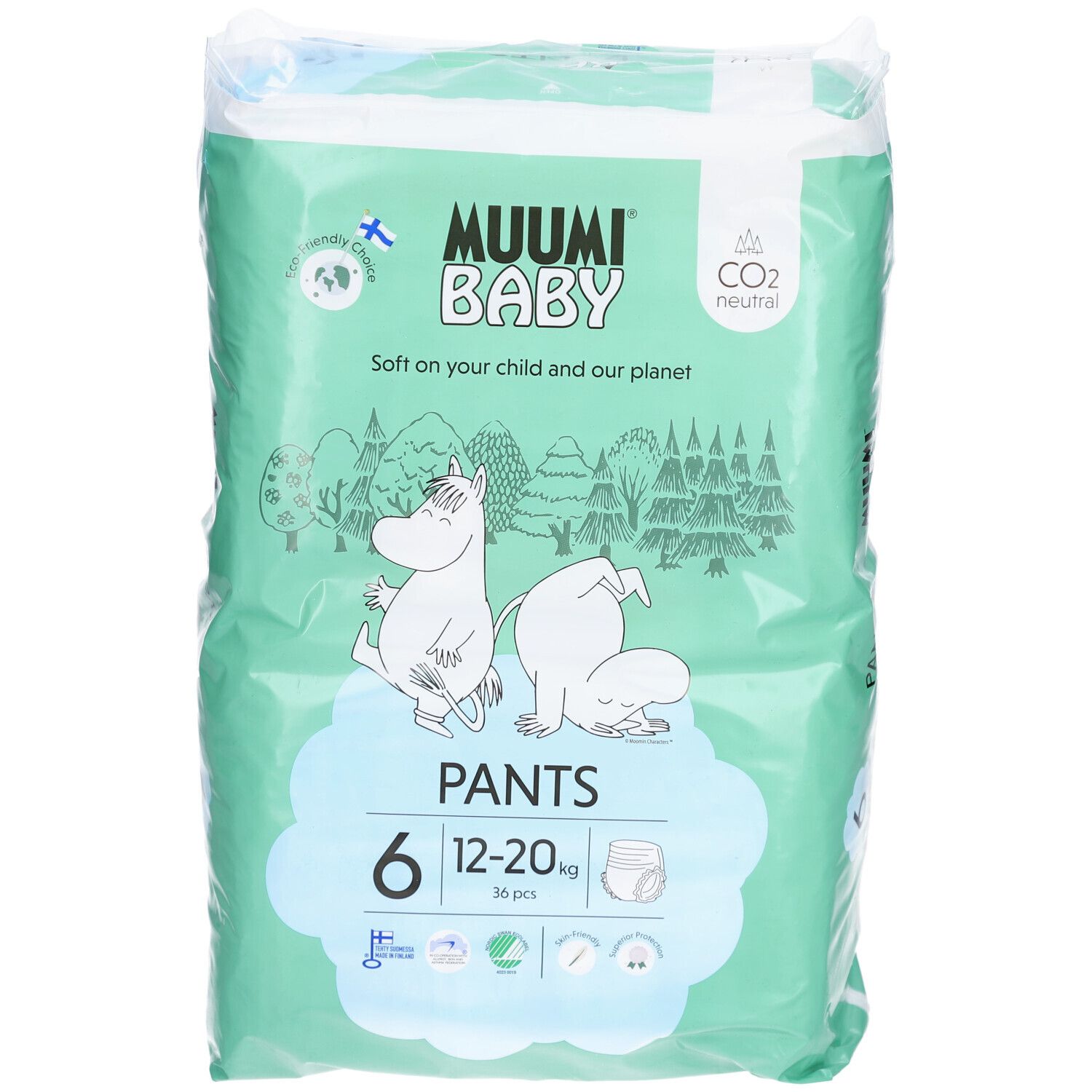 Paquet de Muumi Baby Pants, taille 6 (12-20 kg). Vert menthe avec illustrations, nom du produit et indication de taille.
