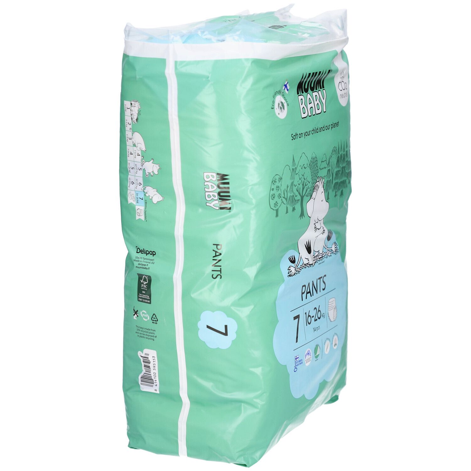 Paquet de culottes, vue latérale. Marque : Muumi Baby. Taille 7. Emballage vert et blanc avec texte et illustrations.