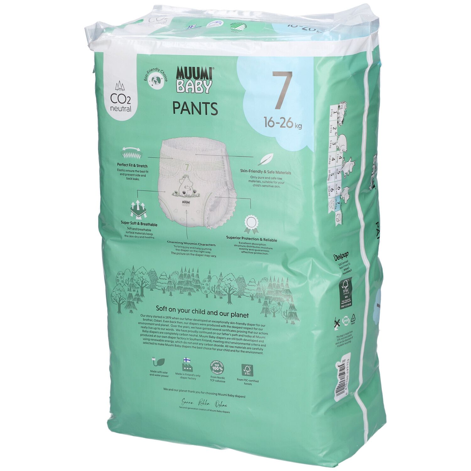 Paquet de culottes. Marque : Muumi Baby. Taille 7, 16-26 kg. Emballage vert et blanc avec informations et illustrations.