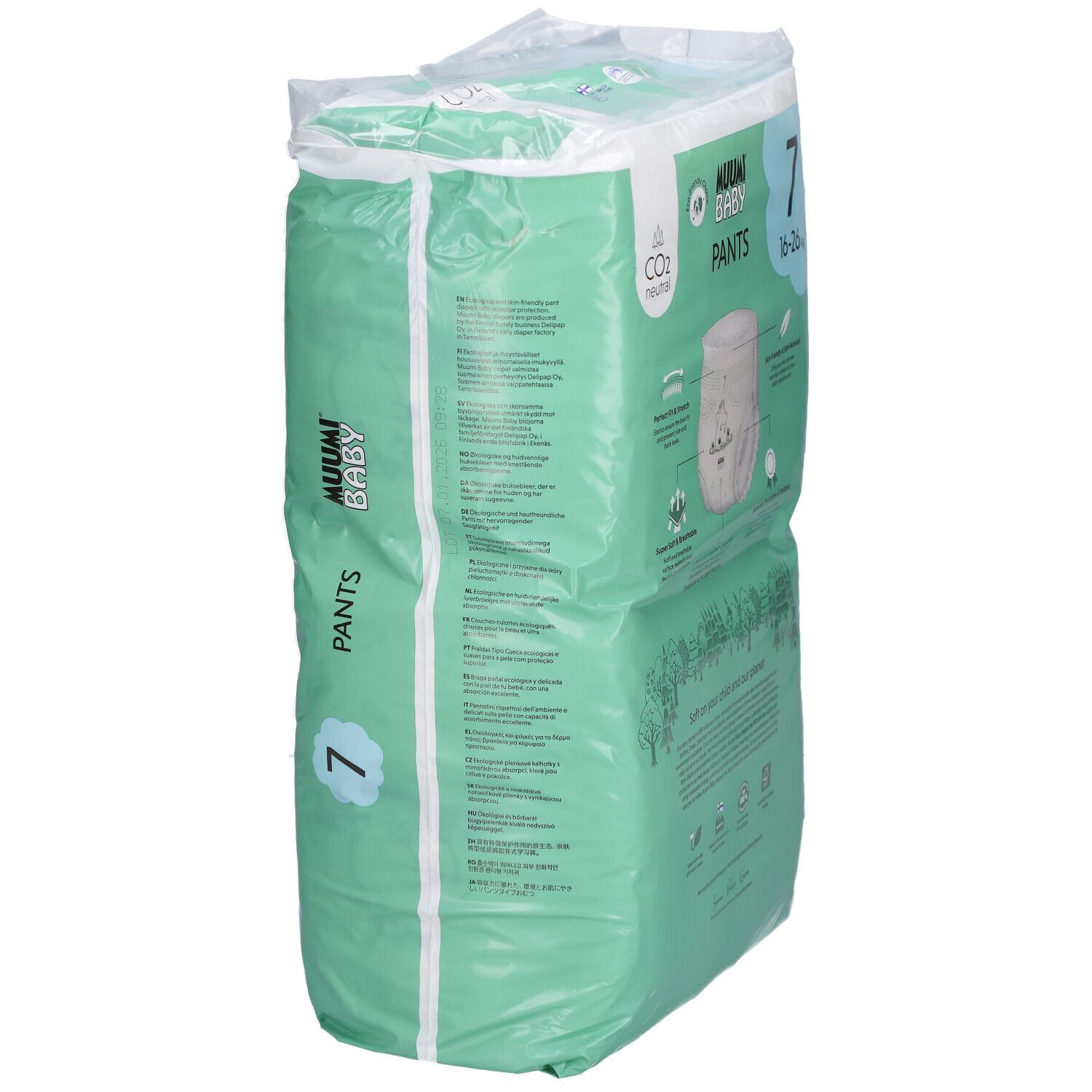 Paquet de culottes, vue latérale. Marque : Muumi Baby. Taille 7. Emballage vert et blanc avec texte et illustrations.