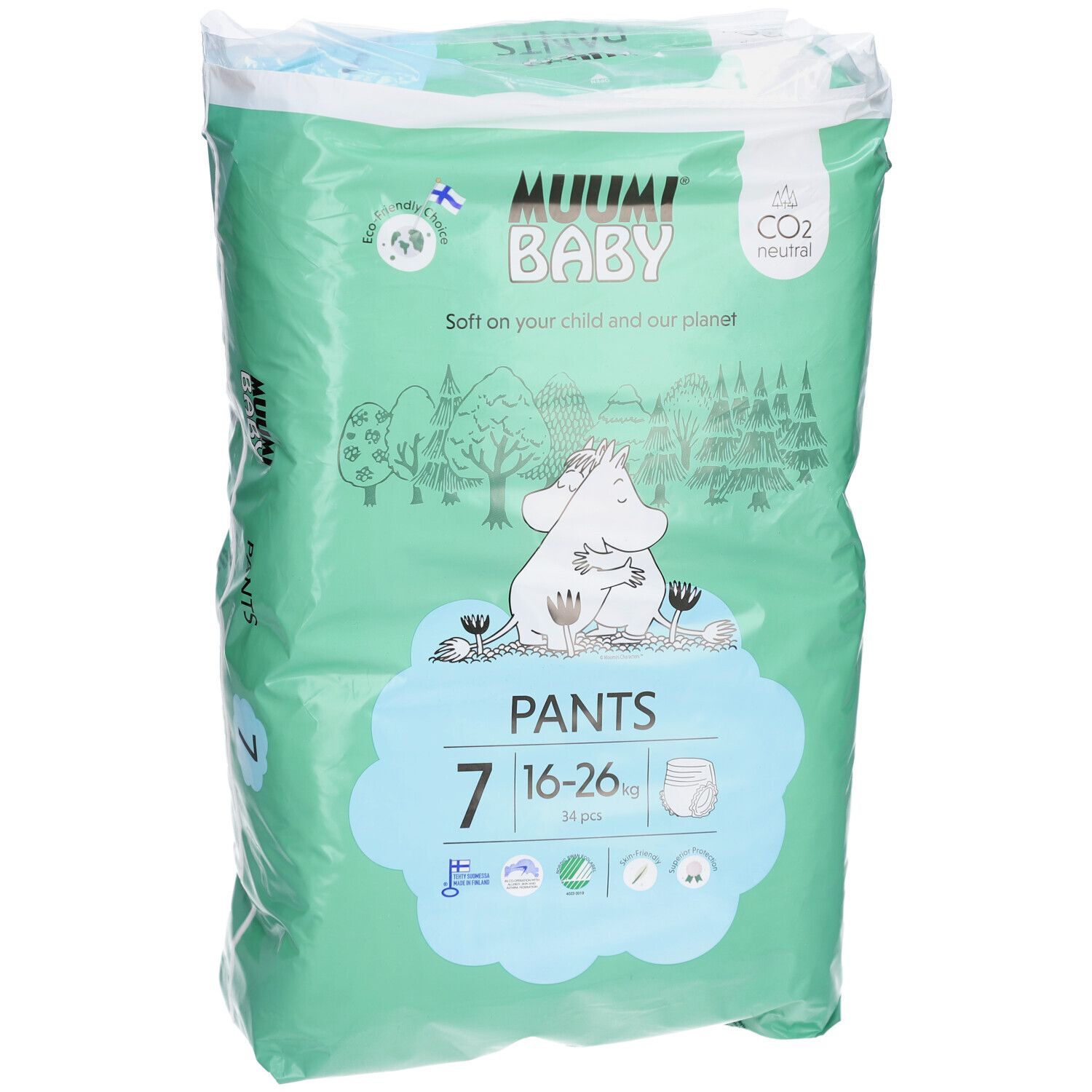Paquet de culottes. Marque : Muumi Baby. Taille 7, 16-26 kg. Emballage vert et blanc avec illustrations et texte.