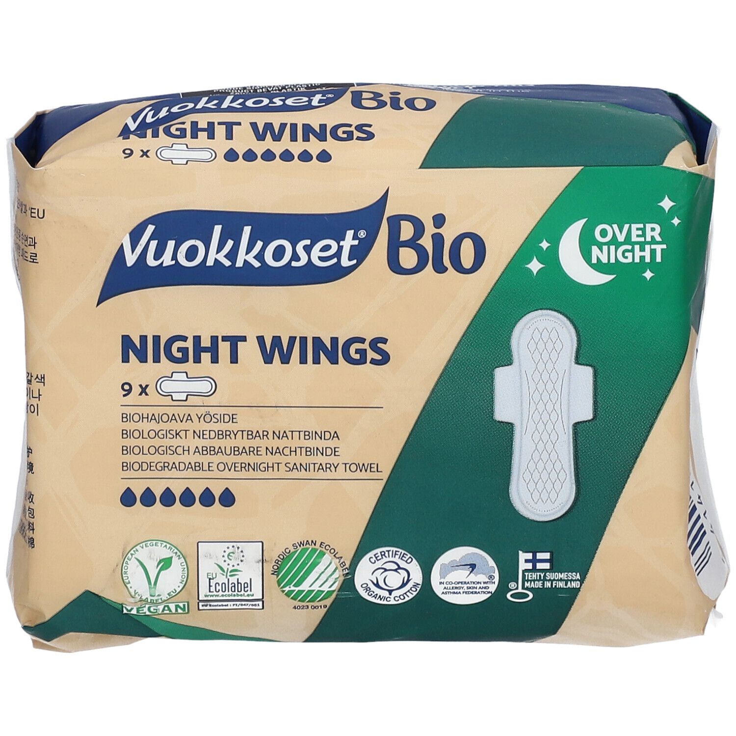 Paquet Vuokkoset Bio Night Wings. 9 unités. Nuit. Vegan, écolabel, coton bio. Avec ailettes.