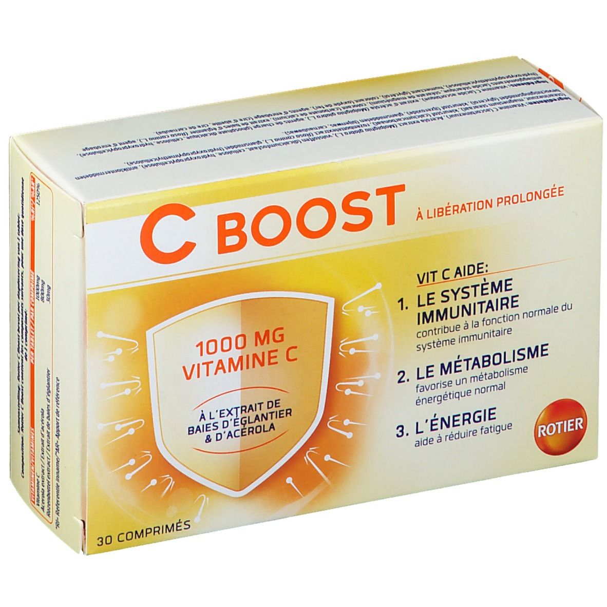 Boîte "C BOOST" avec "1000 mg Vitamine C". Contient 30 comprimés. Inscription: "À libération prolongée".