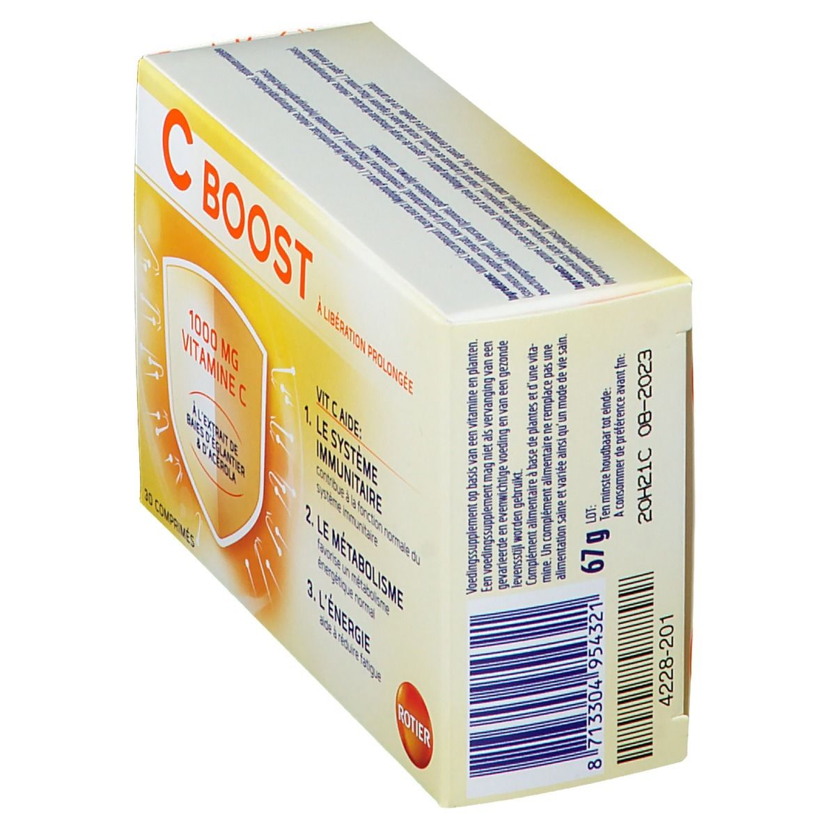 Vue oblique de la boîte "C BOOST". Inscription: "1000 mg Vitamine C". Contient 67g. Date de péremption: 08-2023.