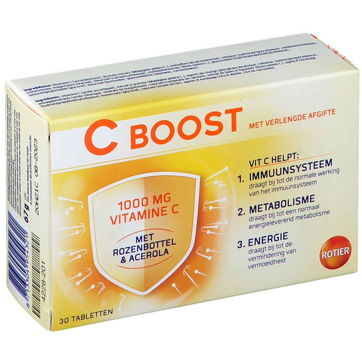 Boîte "C BOOST" avec "1000 mg Vitamine C". Contient 30 comprimés. Inscription: "Met verlengde afgifte".