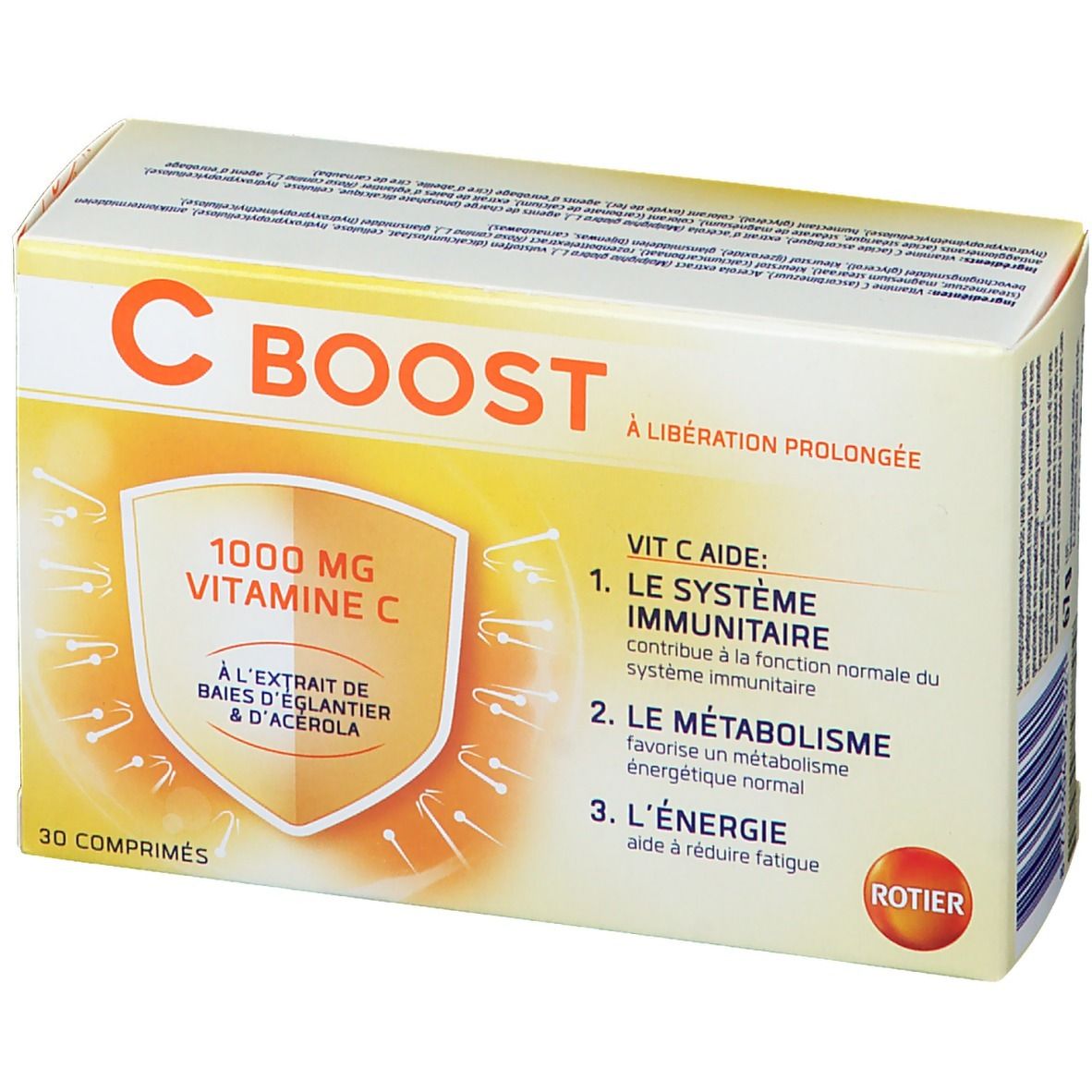 Boîte "C BOOST" avec "1000 mg Vitamine C". Contient 30 comprimés. Inscription: "À libération prolongée".