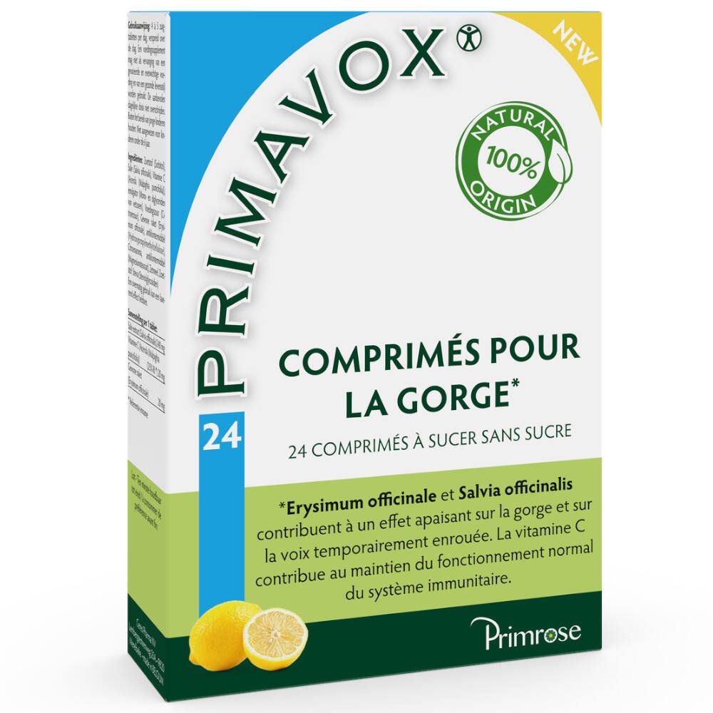 Boîte de comprimés pour la gorge PRIMAVOX®, 24 comprimés. Sans sucre. Ingrédients: Erysimum officinale, Salvia officinalis, vitamine C. Citron.