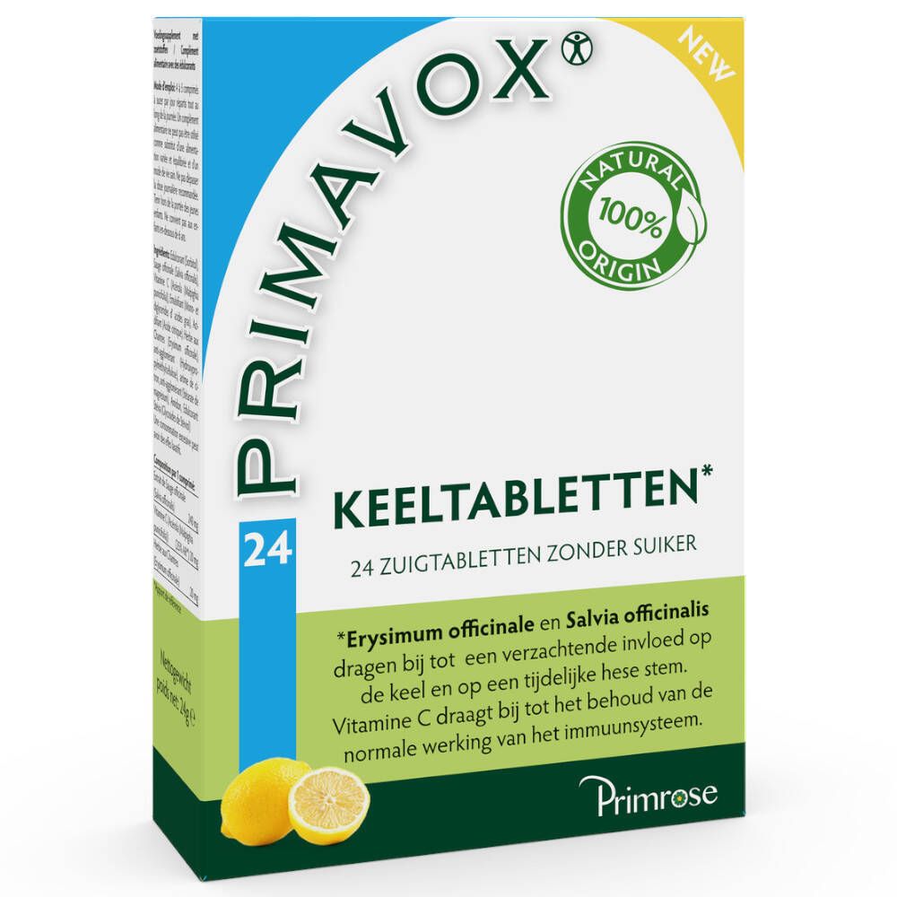 Boîte de comprimés pour la gorge PRIMAVOX®, 24 comprimés. Sans sucre. Ingrédients: Erysimum officinale, Salvia officinalis, vitamine C. Citron.