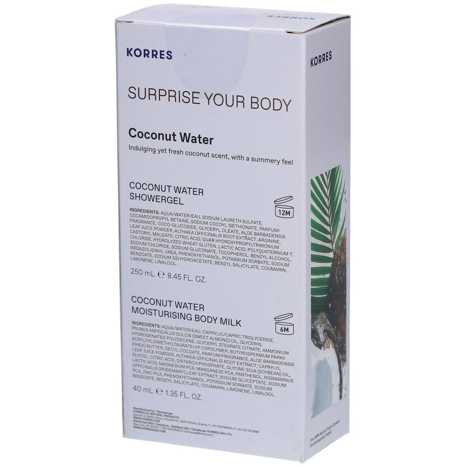 Dos du coffret KORRES. Contient ingrédients et informations sur le produit. Emballage blanc avec nom et logo.