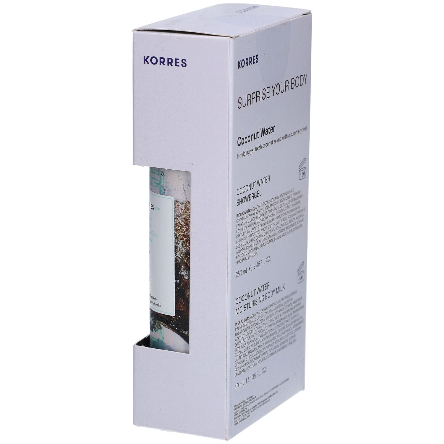 Coffret KORRES. Emballage blanc avec nom et logo du produit. Contient lait corporel et gel douche. Texte au dos.