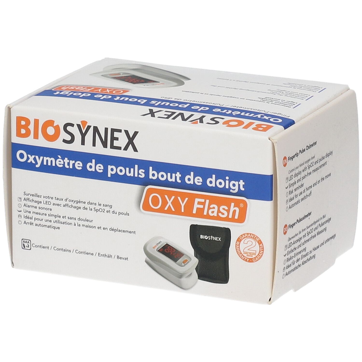 Boîte BIOSYNEX Oxymètre de pouls. OXY Flash. Contient oxymètre de pouls et étui. Garantie 2 ans. Texte en français.