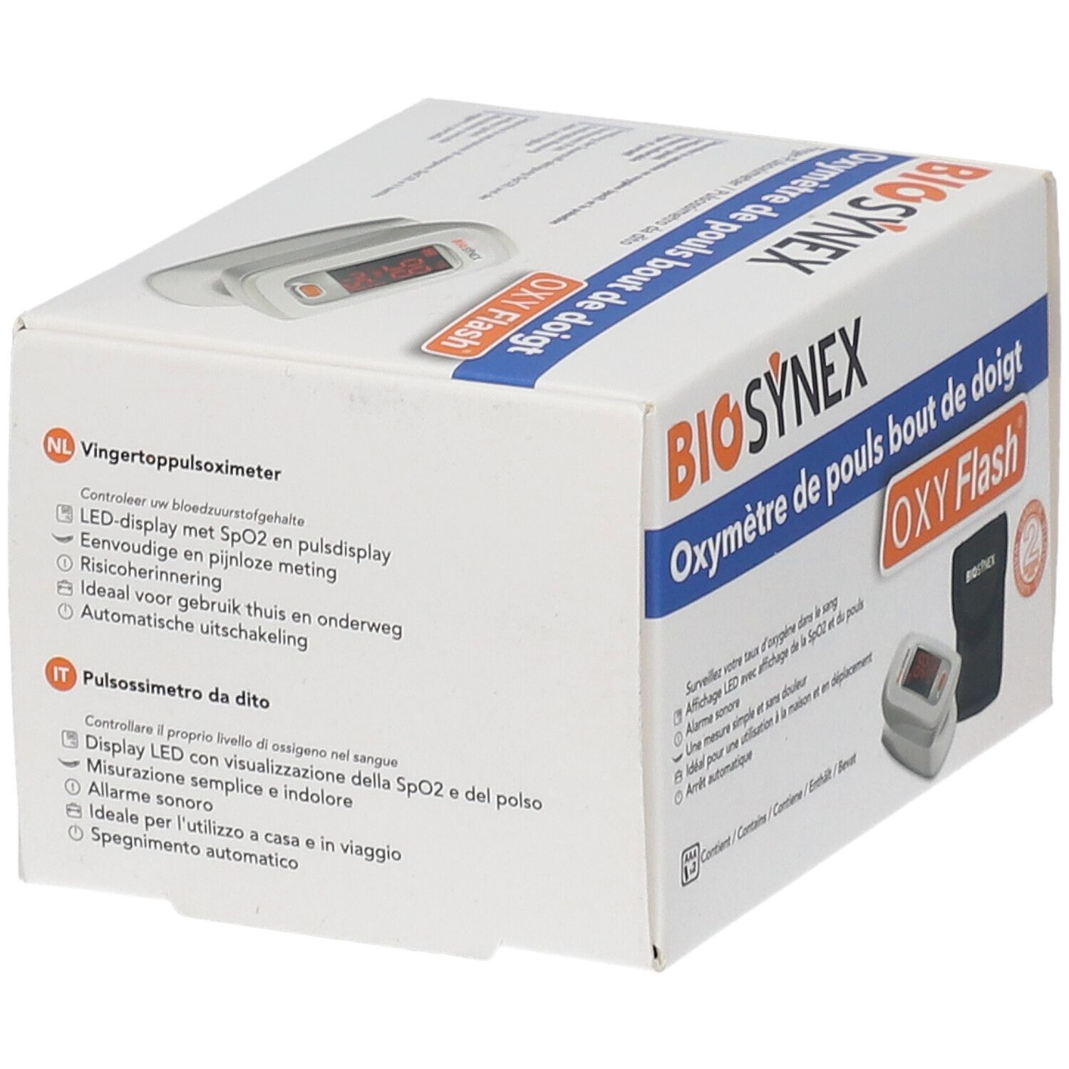 Boîte BIOSYNEX Oxymètre de pouls. OXY Flash. Texte en français, néerlandais, italien et allemand. Vue en angle.