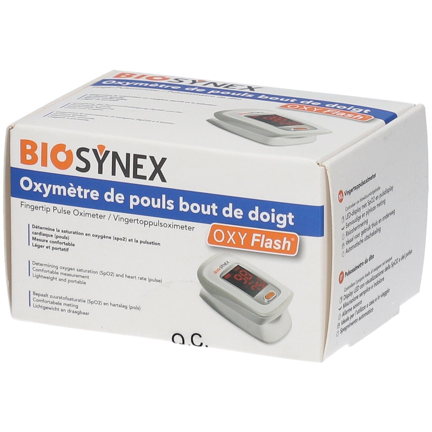 Boîte BIOSYNEX Oxymètre de pouls. OXY Flash. Oxymètre de pouls représenté. Texte en français, anglais et allemand.