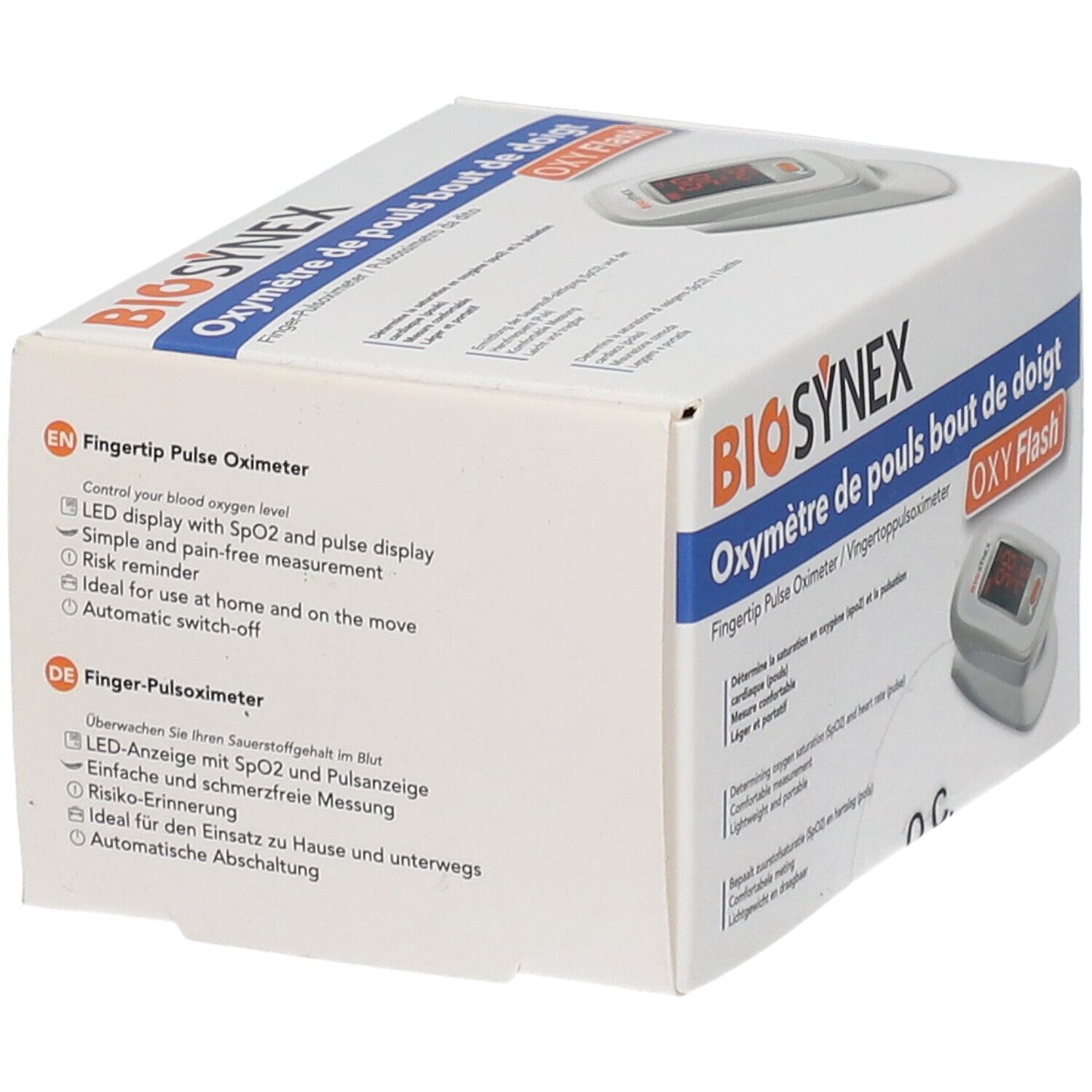 Boîte BIOSYNEX Oxymètre de pouls. OXY Flash. Texte en anglais et allemand. Oxymètre de pouls représenté.