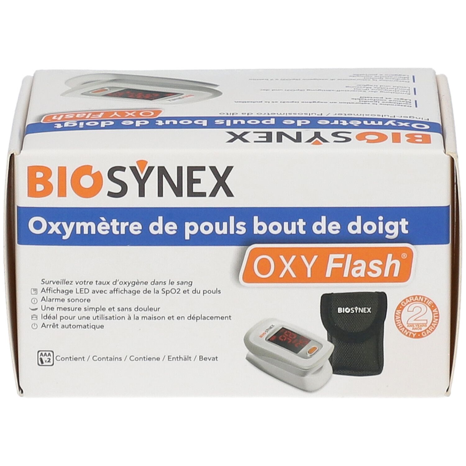 Boîte BIOSYNEX Oxymètre de pouls. OXY Flash. Contient oxymètre de pouls et étui. Garantie 2 ans. Texte en français.