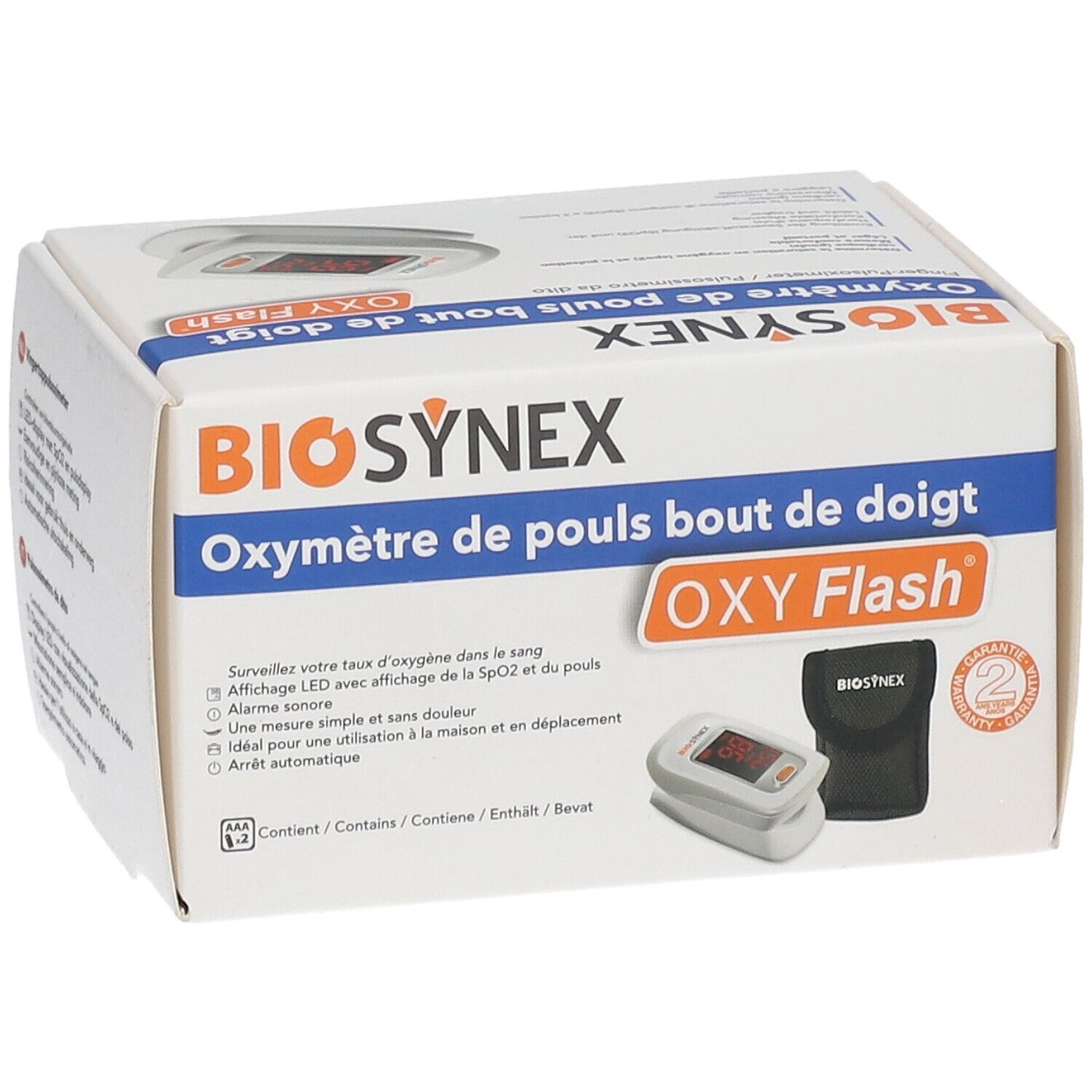 Boîte BIOSYNEX Oxymètre de pouls. OXY Flash. Contient oxymètre de pouls et étui. Garantie 2 ans. Texte en français.