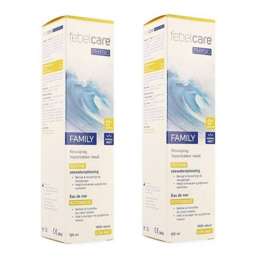Deux boîtes Febelcare Physio Family. Solution isotonique d'eau de mer. 125 ml. Design blanc et bleu.