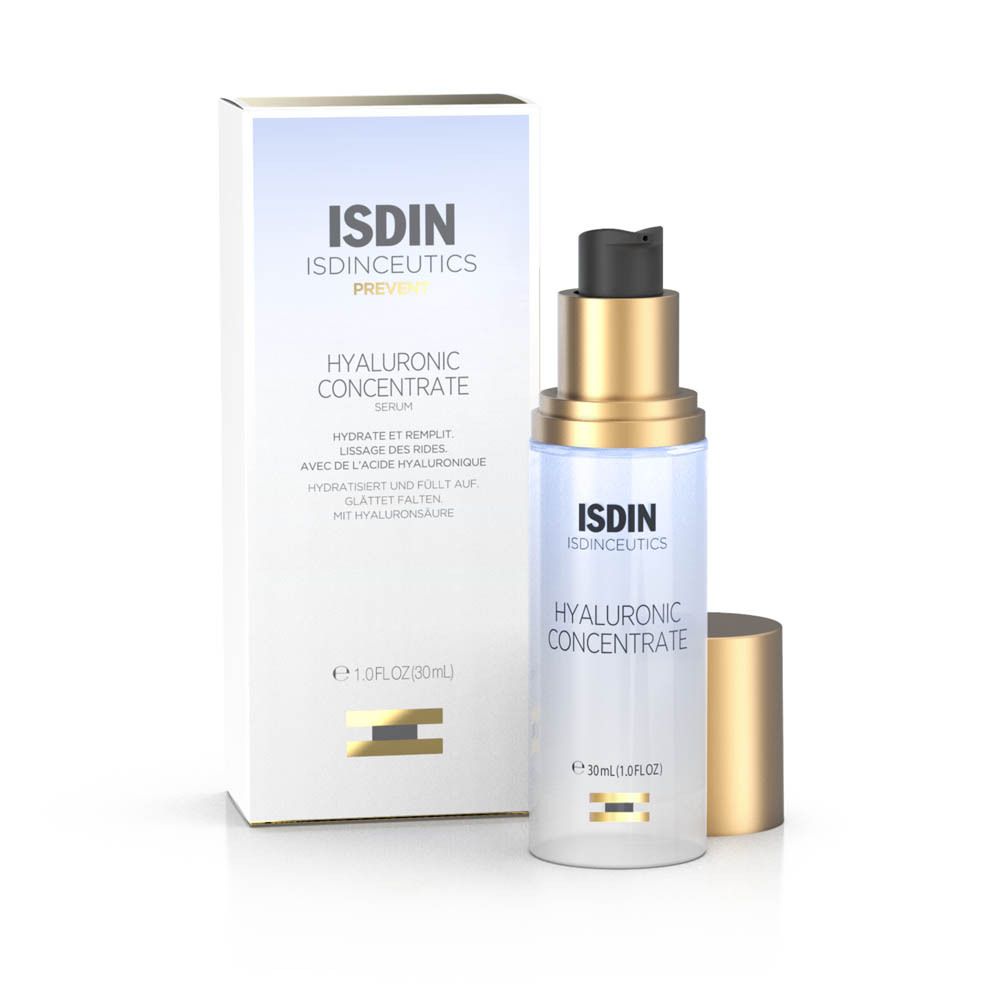 Produit et emballage. Flacon avec bouchon doré et carton. Inscription: ISDIN, HYALURONIC CONCENTRATE.