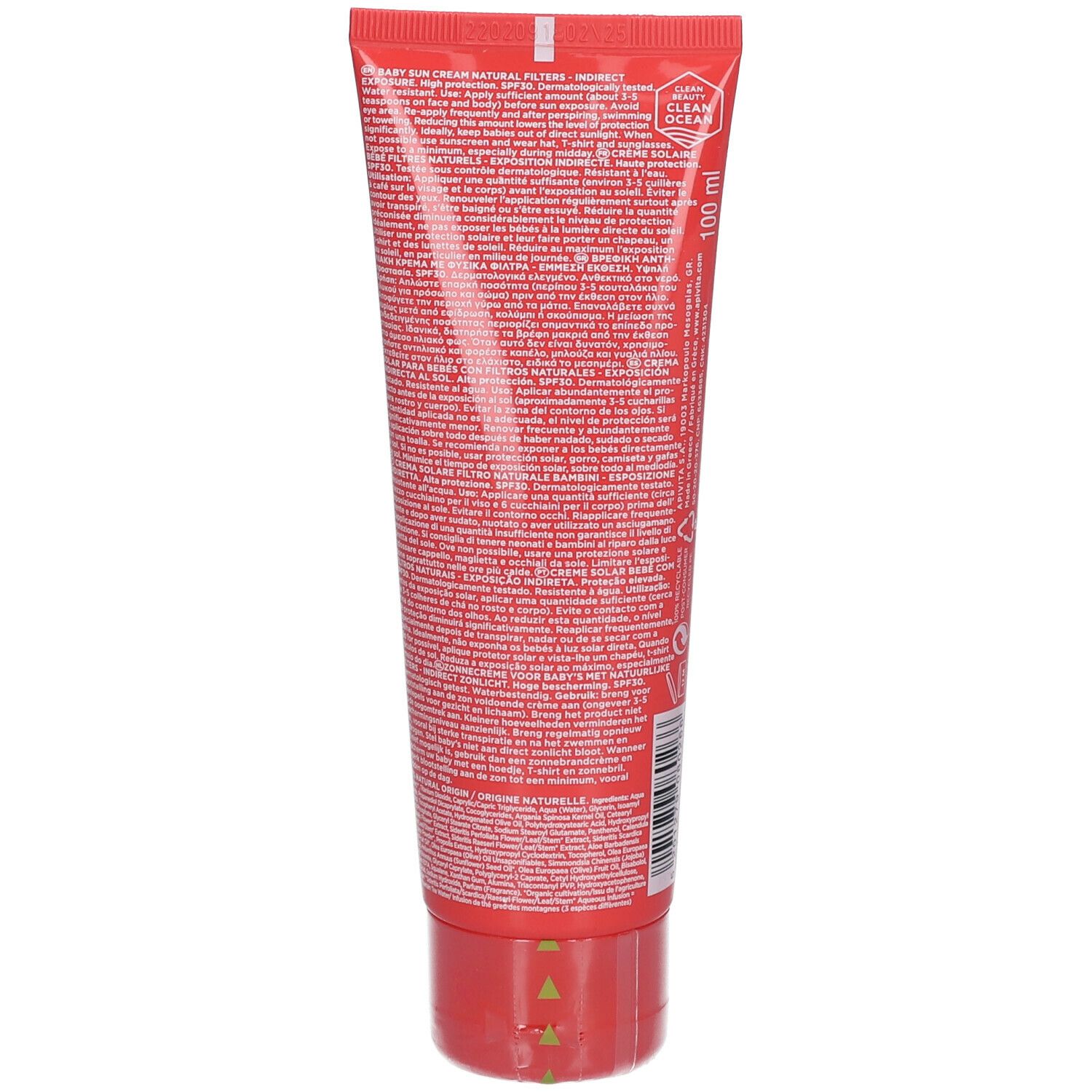 Tube rouge avec texte. "SPF30" en haut. Inscription "Clean Ocean". "100 ml" sur le côté.
