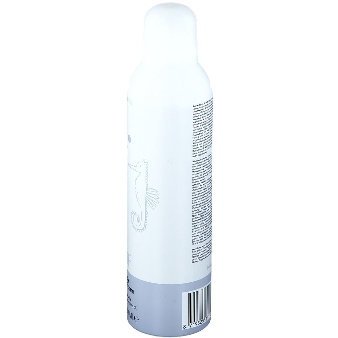 Flacon blanc et bleu, vue latérale. Texte et code-barres au dos. Nom du produit NAÏF, Happy Shower Foam.