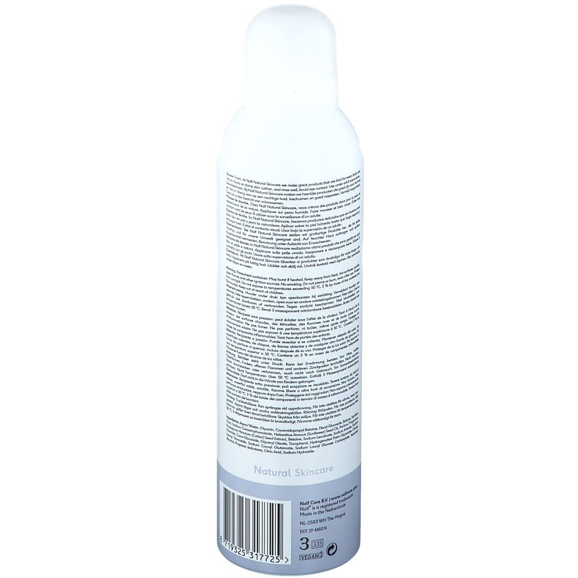 Dos du flacon blanc et bleu. Texte avec ingrédients et informations. Code-barres et nom du produit NAÏF.
