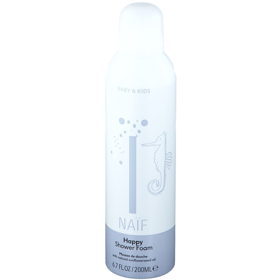 Flacon blanc et bleu avec le nom du produit NAÏF, Happy Shower Foam. Illustration d'hippocampe et texte : Baby & Kids.