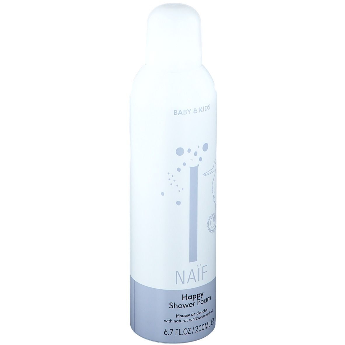 Flacon blanc et bleu avec le nom du produit NAÏF, Happy Shower Foam. Illustration d'hippocampe et texte : Baby & Kids.