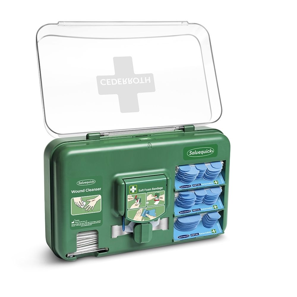 Distributeur Cederroth pour soins des plaies, vert, ouvert, avec matériel de pansement et distributeurs.