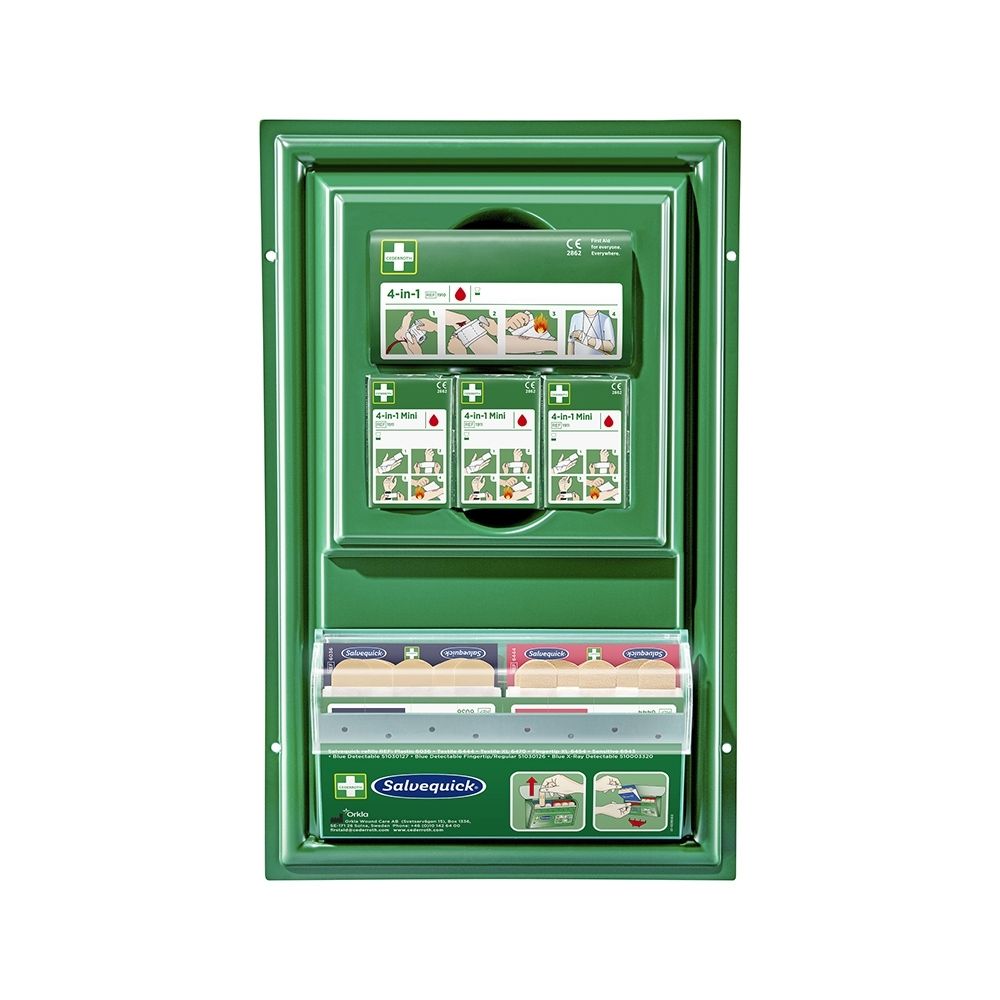 Boîte de premiers secours verte avec distributeur de pansements et matériel de bandage.