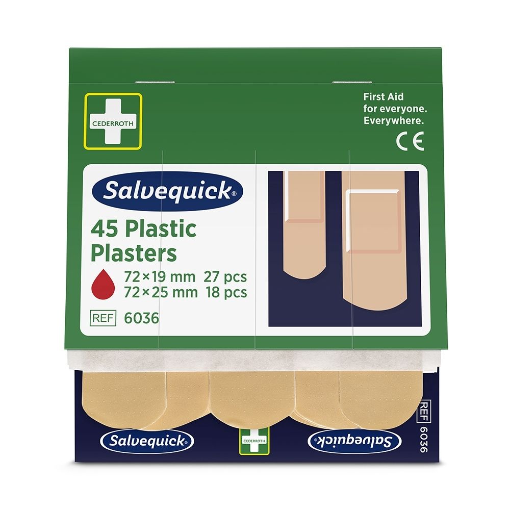 Salvequick 45 Pansements Plastiques paquet de 27 pansements 72x19mm et 18 pansements 72x25mm.