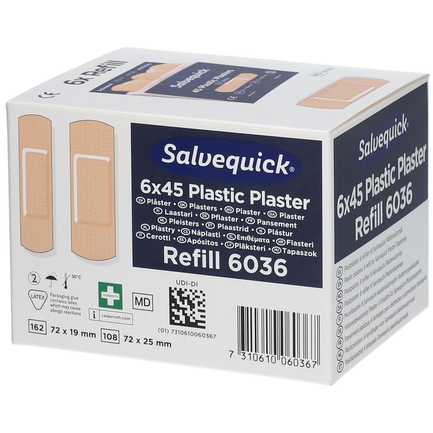 Recharge de pansements plastique Salvequick 6x45, référence 6036. Boîte avec dimensions et code-barres.