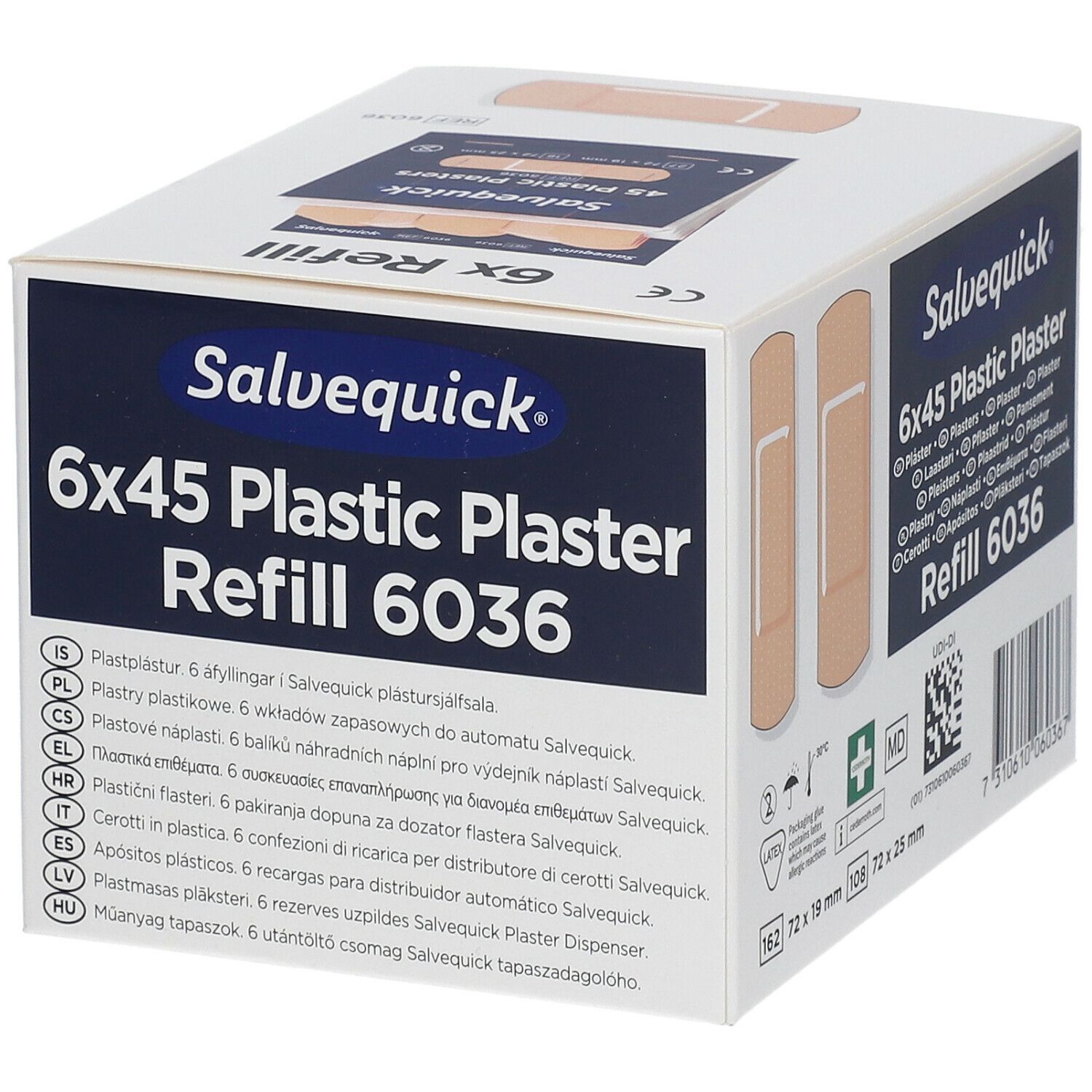 Recharge de pansements plastique Salvequick 6x45, référence 6036. Boîte avec informations multilingues.