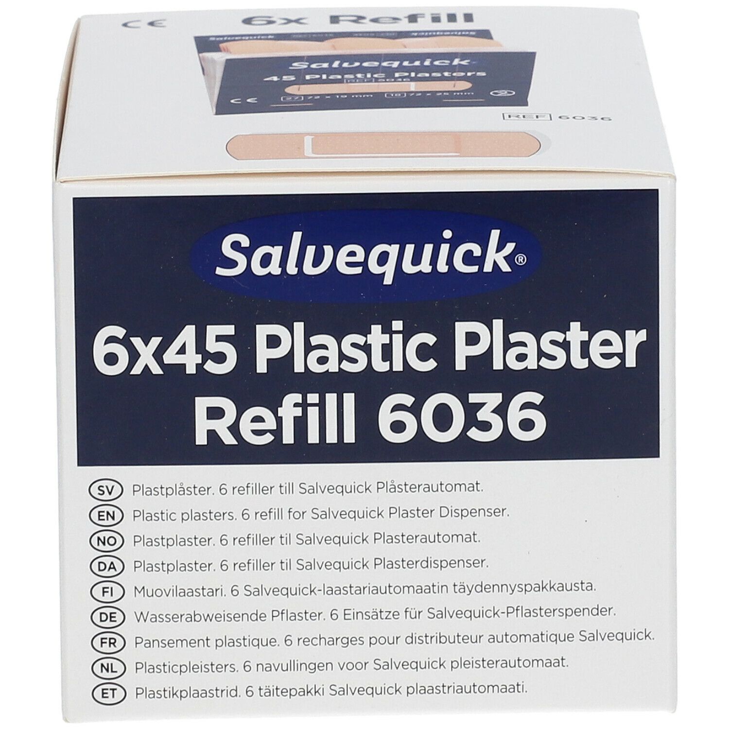 Recharge de pansements plastique Salvequick 6x45, référence 6036. Boîte avec informations multilingues.