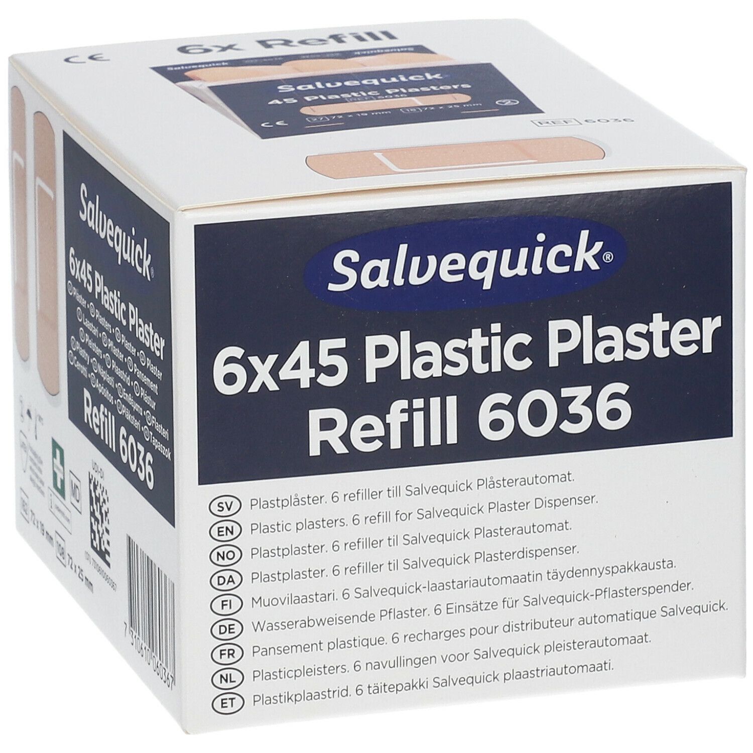 Recharge de pansements plastique Salvequick 6x45, référence 6036. Boîte avec informations multilingues.