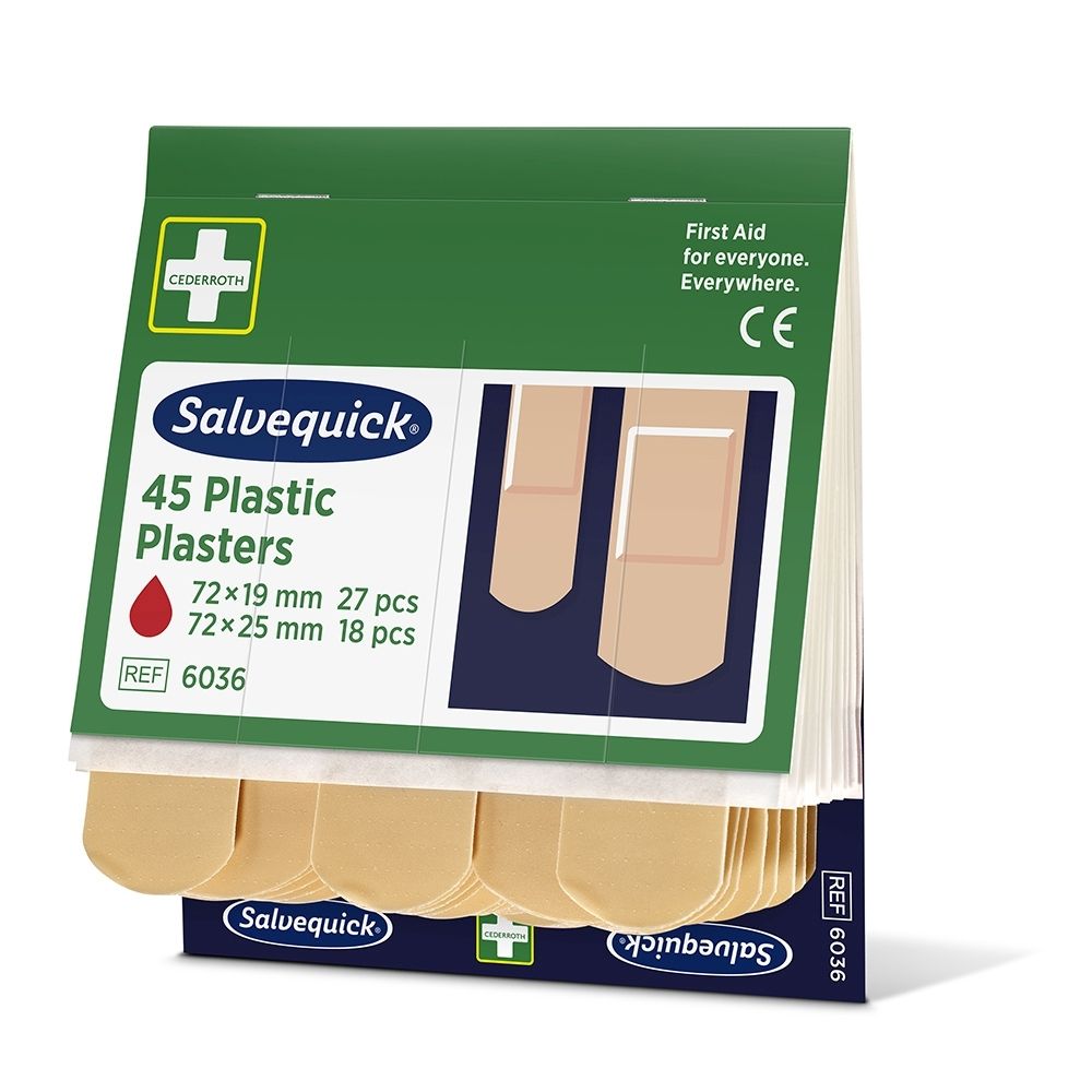 Salvequick 45 Pansements Plastiques paquet de pansements, vue de côté.