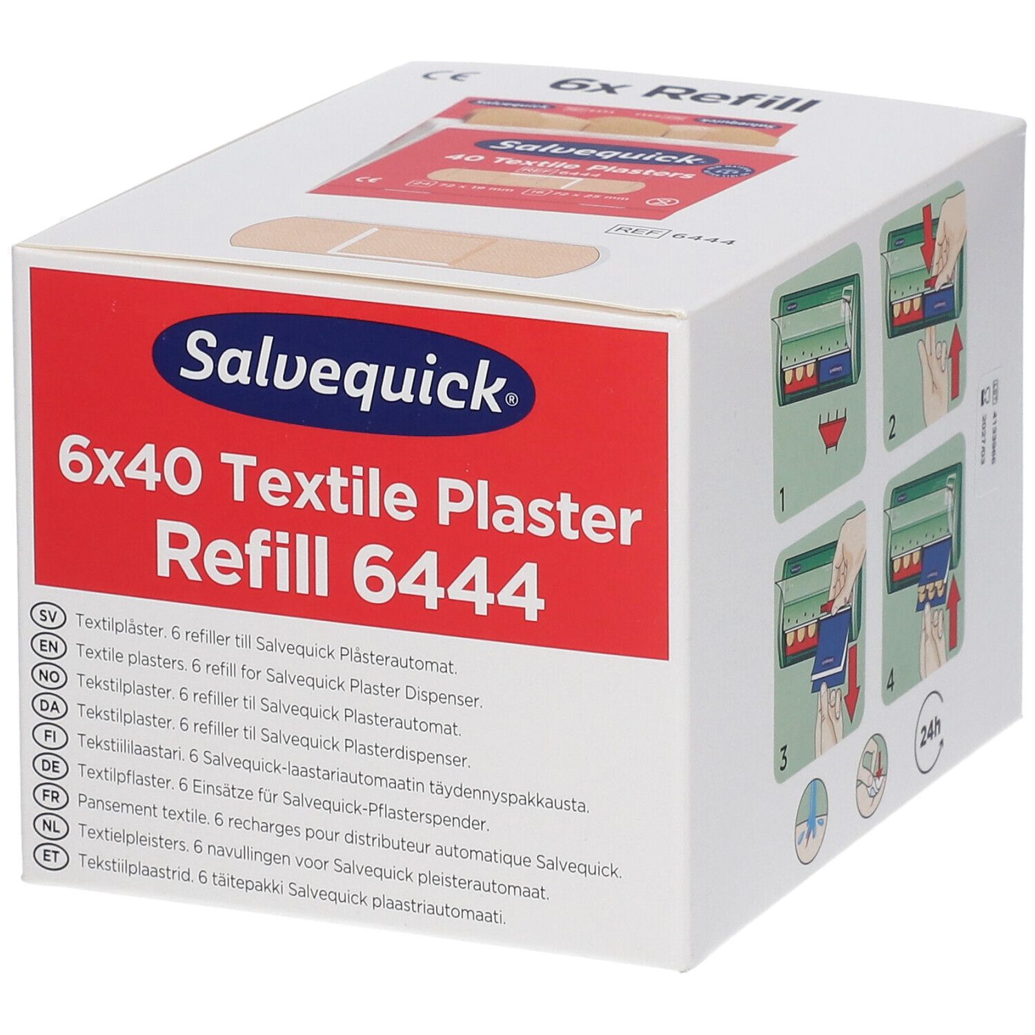 Recharge de pansements textiles Salvequick 6x40. Boîte blanche avec logo rouge. Contient des pansements. Informations multilingues.