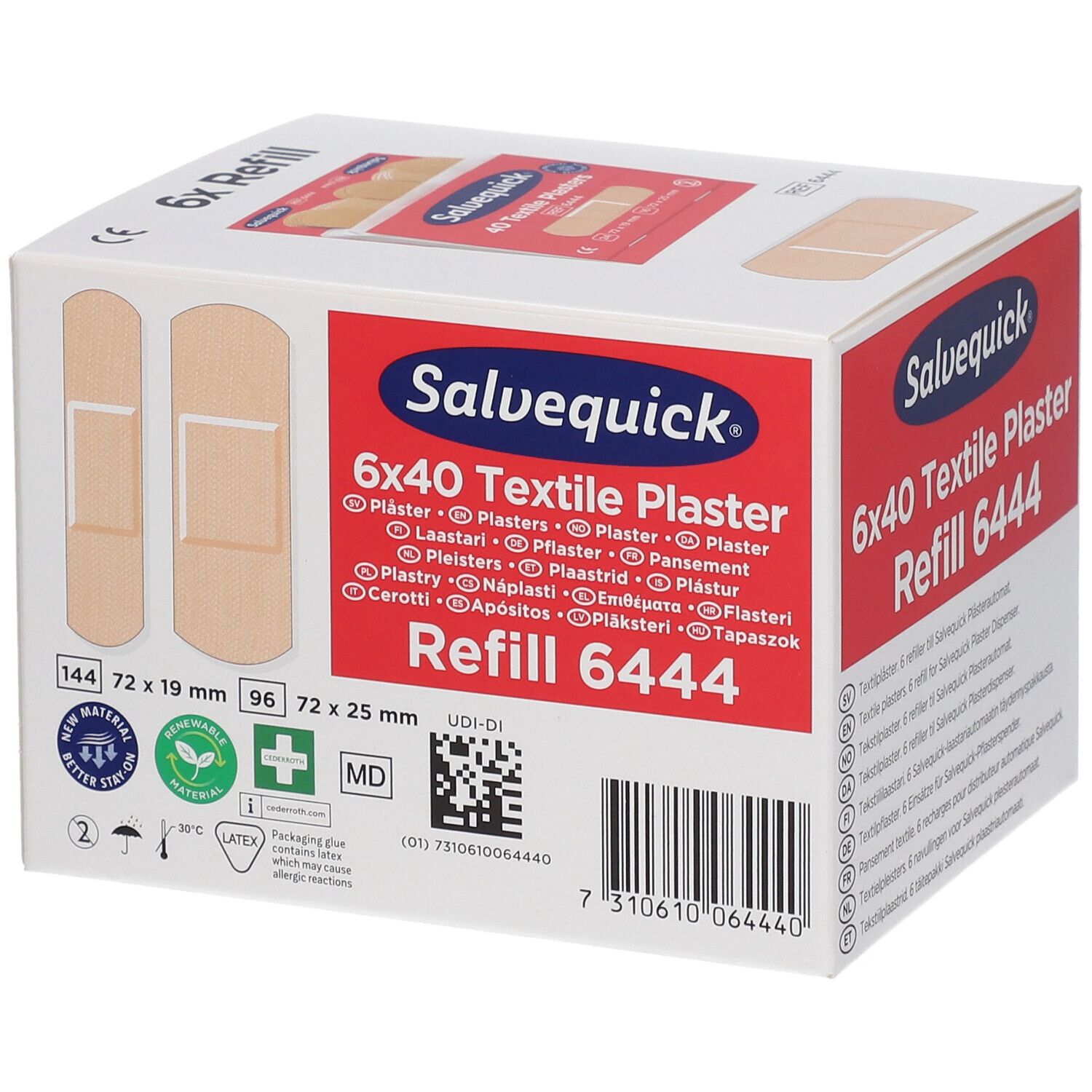 Recharge de pansements textiles Salvequick 6x40. Boîte blanche avec logo rouge. Pansements visibles. Dimensions et certifications.