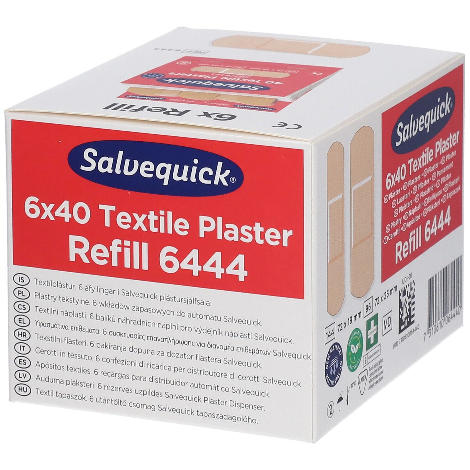 Recharge de pansements textiles Salvequick 6x40. Boîte blanche avec logo rouge. Pansements visibles. Informations multilingues.