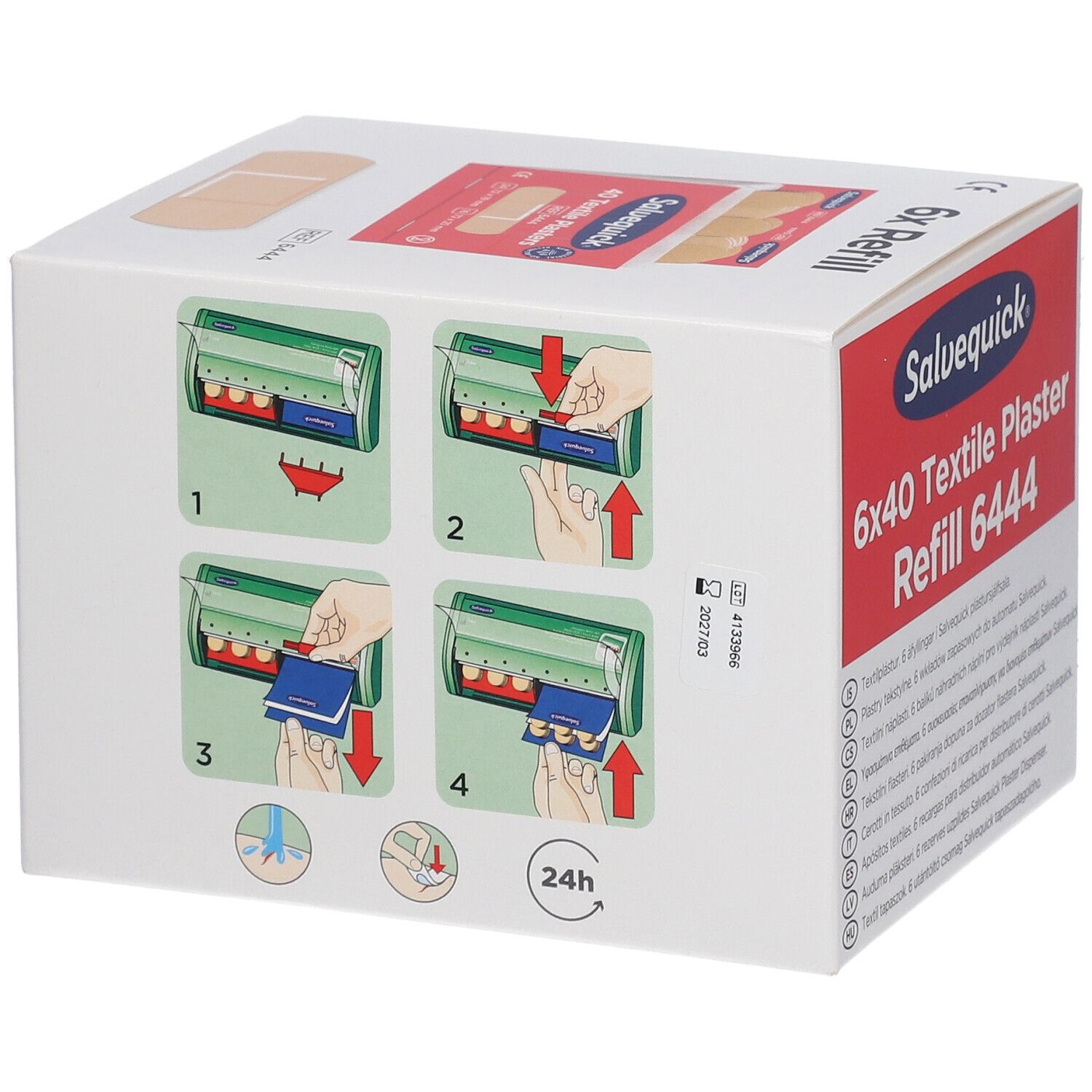 Recharge de pansements textiles Salvequick 6x40. Boîte blanche avec logo rouge. Exemples d'utilisation sur l'emballage.