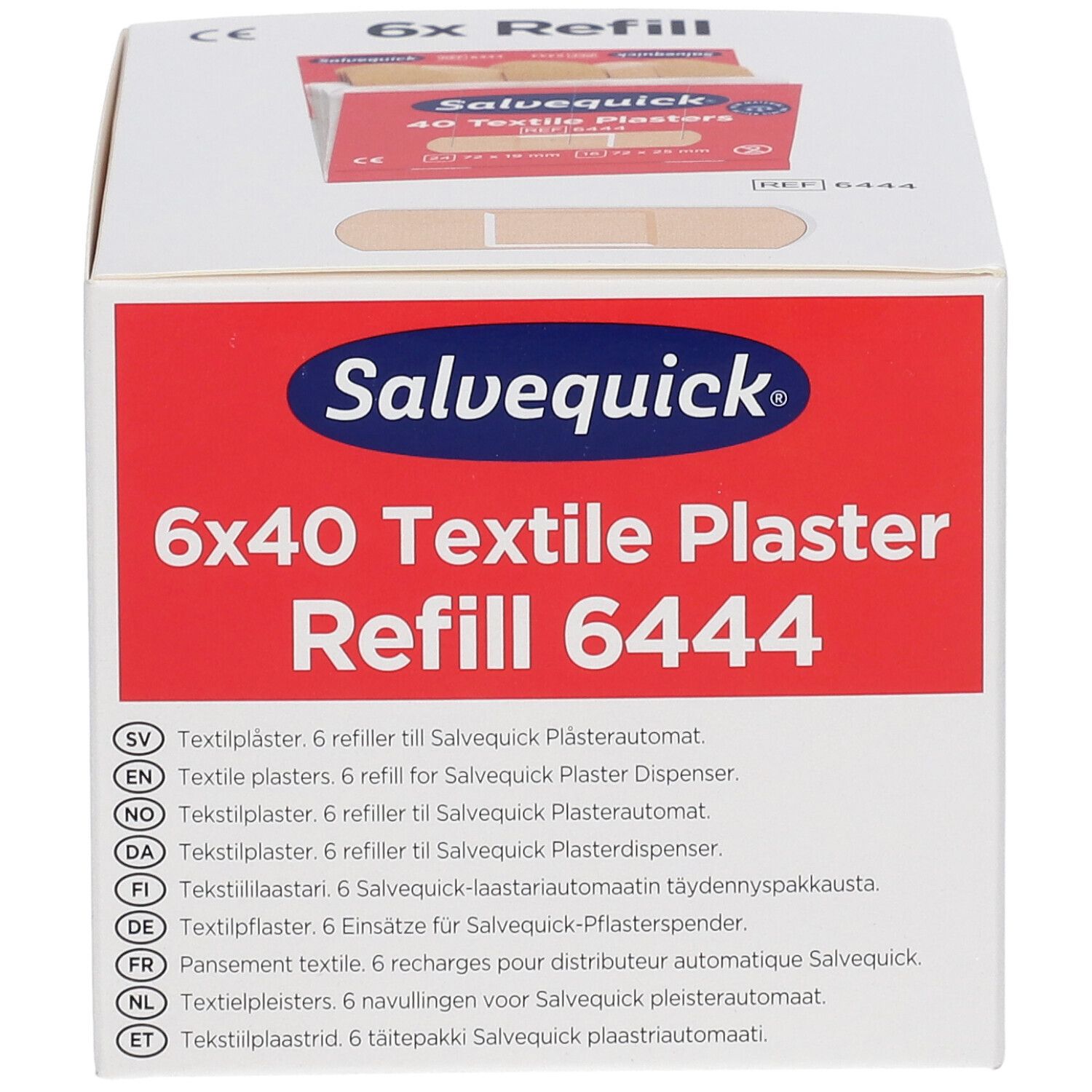 Recharge de pansements textiles Salvequick 6x40. Boîte blanche avec logo rouge. Informations multilingues.