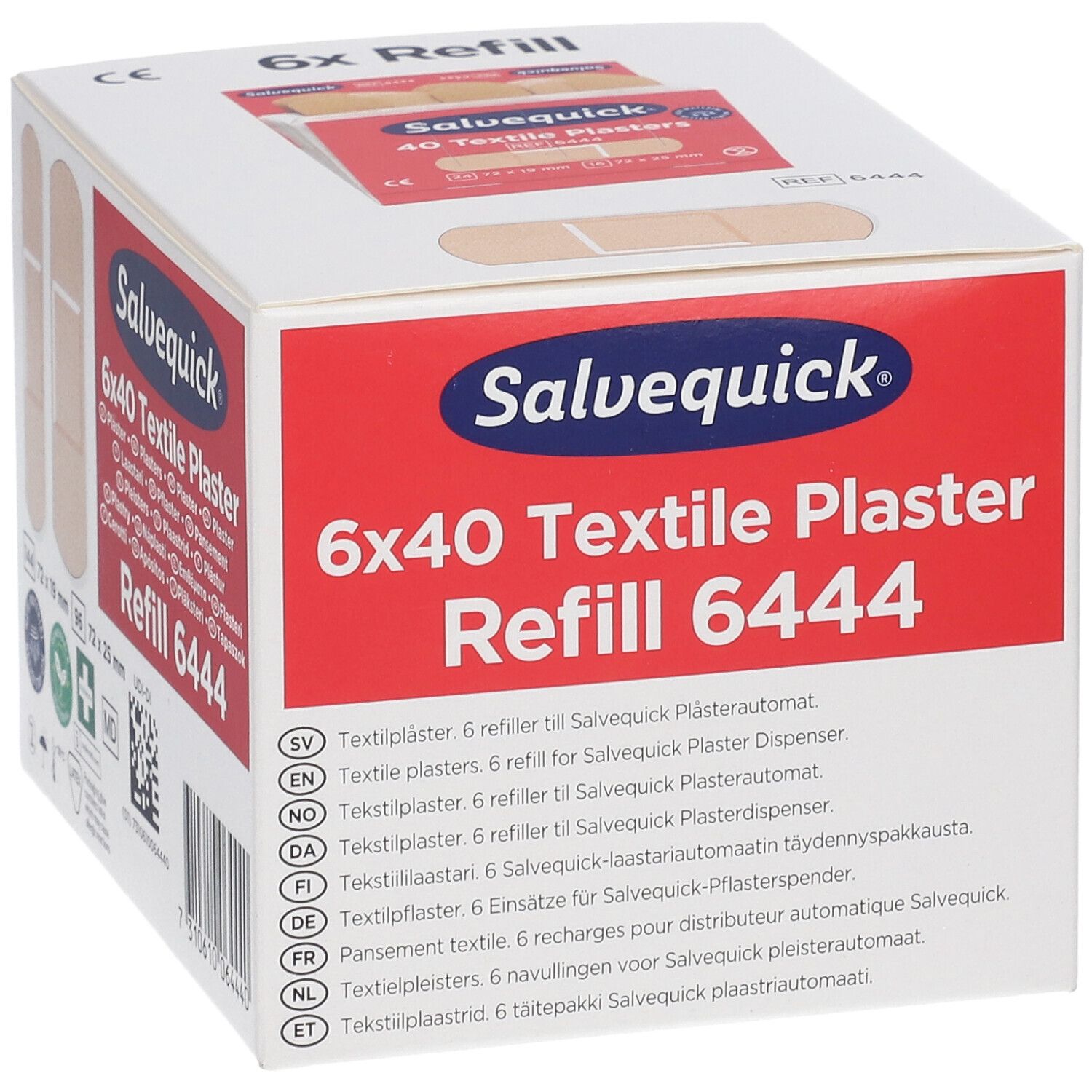 Recharge de pansements textiles Salvequick 6x40. Boîte blanche avec logo rouge. Informations multilingues.
