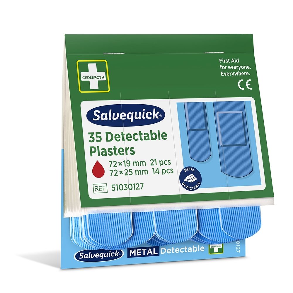Salvequick 6x35 Detectable Refill 51030127 emballage avec informations produit multilingues.