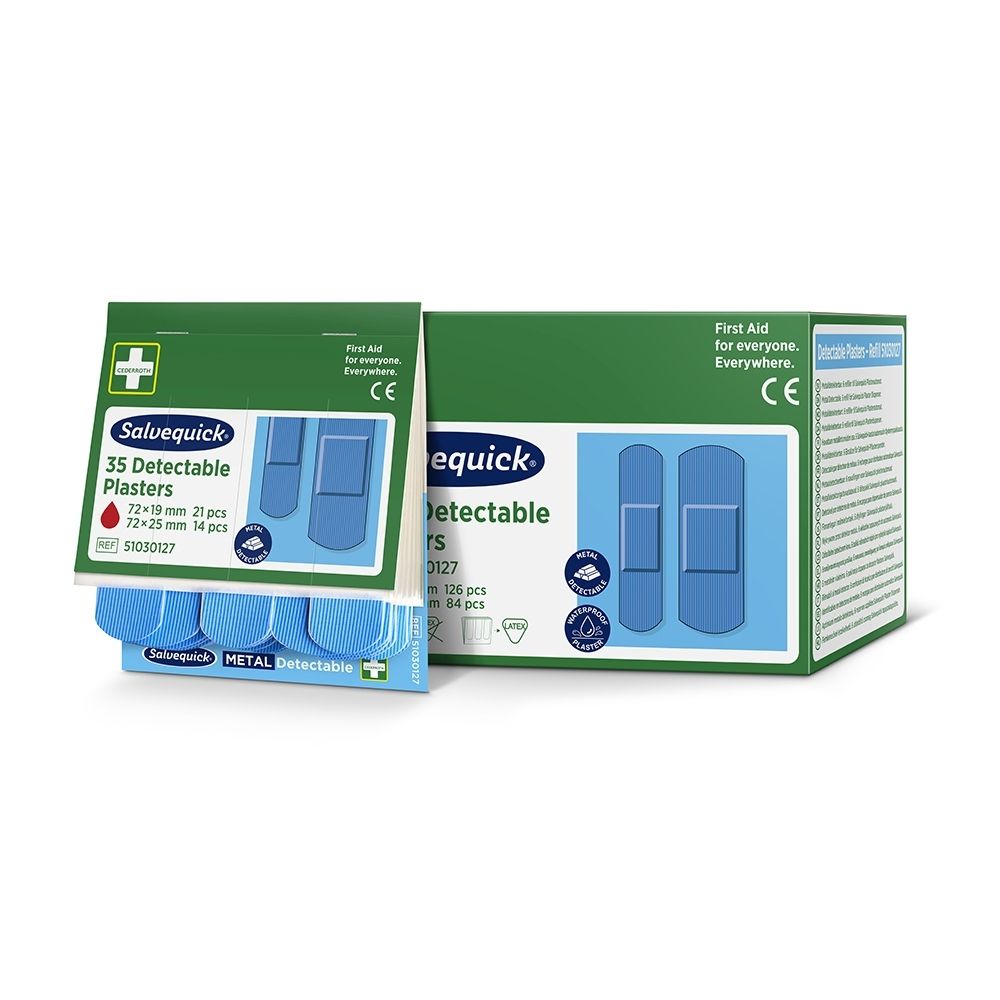 Salvequick 6x35 Detectable Refill 51030127 emballage avec informations produit multilingues.