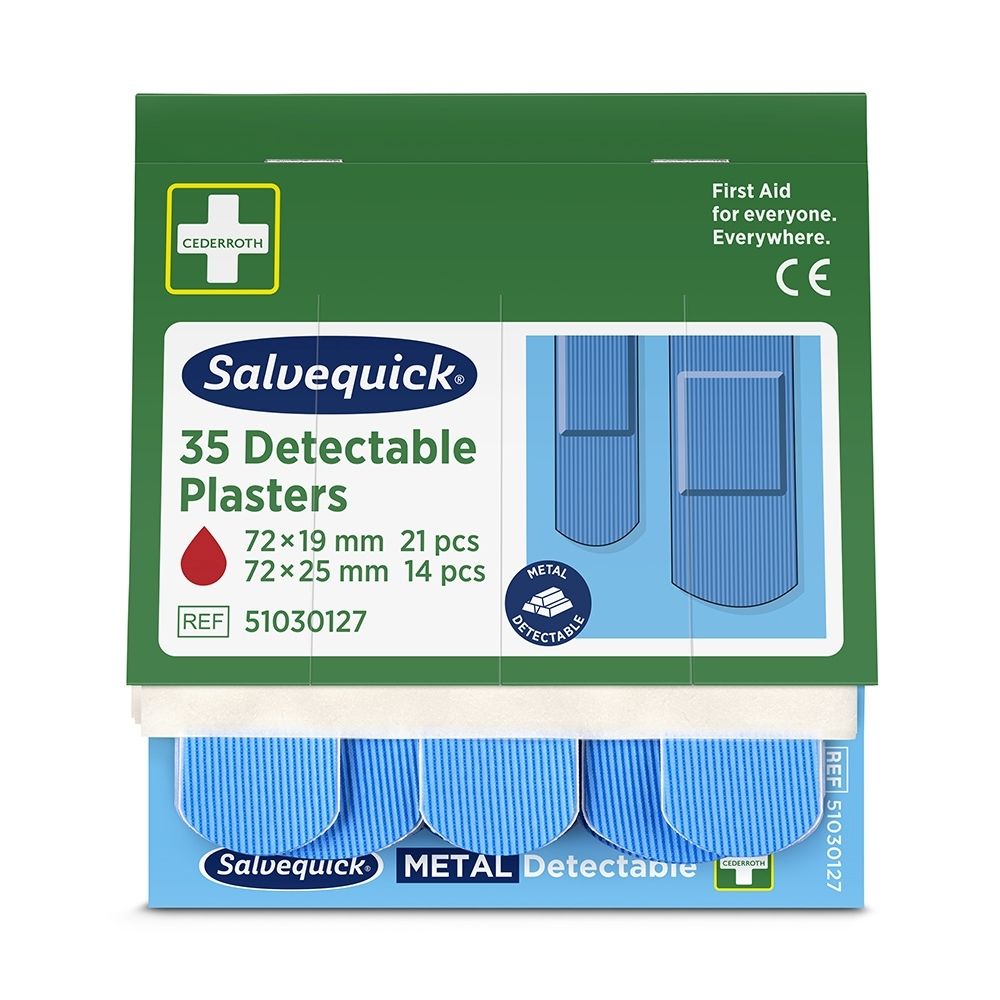 Salvequick 6x35 Detectable Refill 51030127 emballage avec informations produit multilingues.