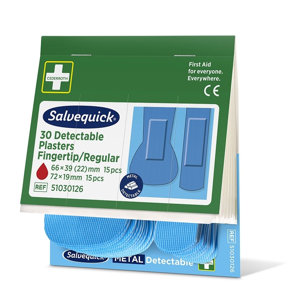 Boîte de 30 pansements détectables Salvequick, bout du doigt/régulier, 66x39mm et 72x19mm.