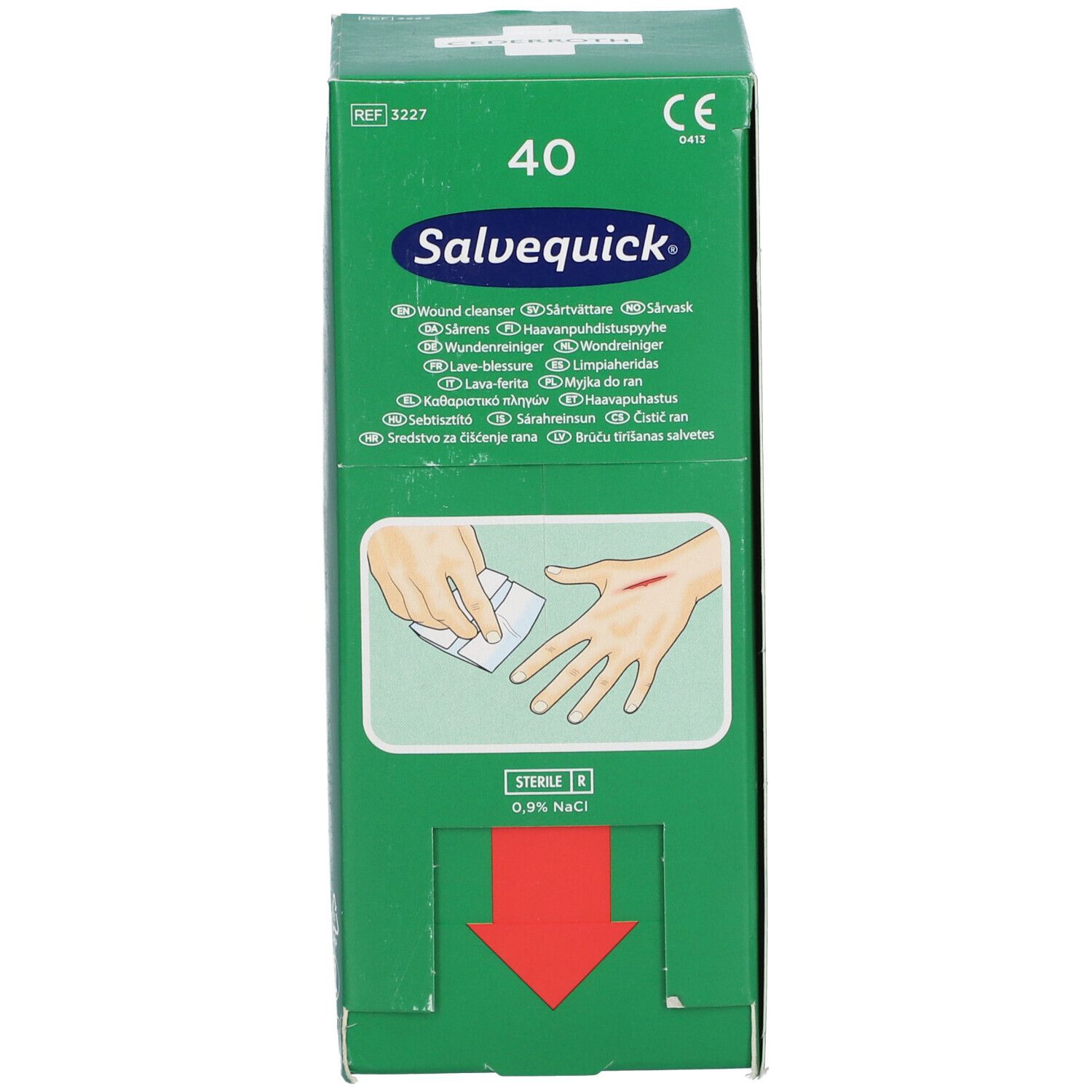 Boîte verte Salvequick, 40 unités. Contient un nettoyant pour plaies. Illustration d'une main avec une blessure et une compresse. Marque CE.